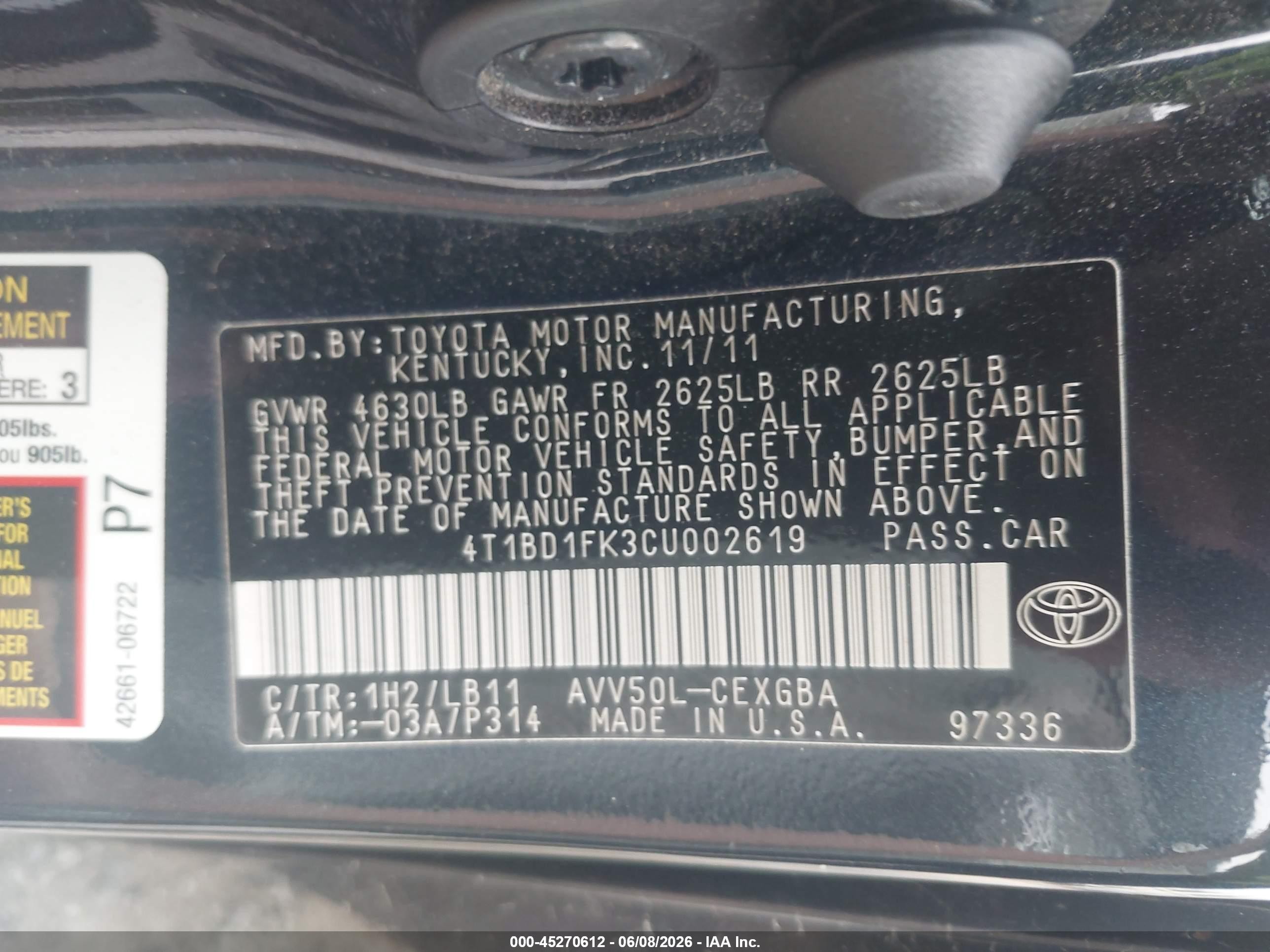 2012 Toyota Camry Hybrid Xle Black vin: 4T1BD1FK3CU002619