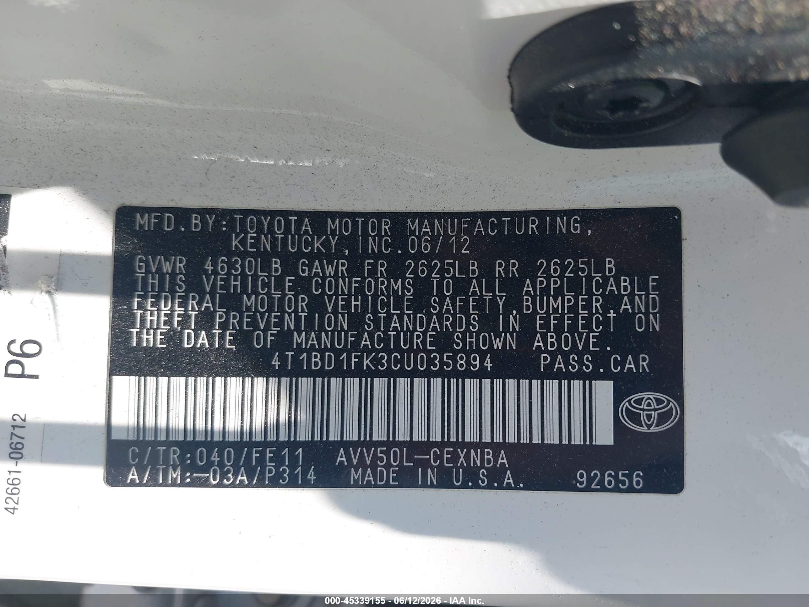 2012 Toyota Camry Hybrid Le White vin: 4T1BD1FK3CU035894
