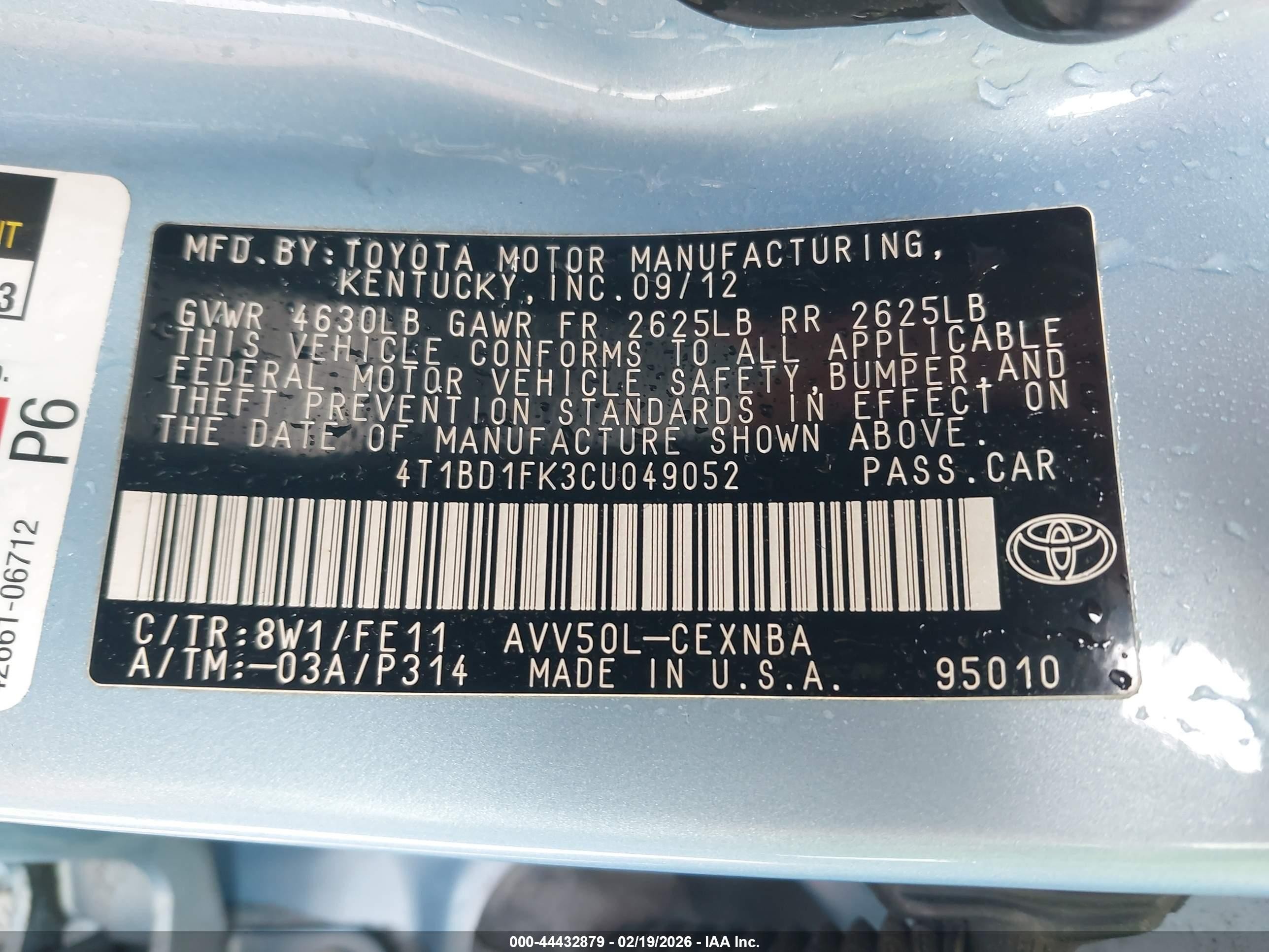 2012 Toyota Camry Hybrid Le Light Blue vin: 4T1BD1FK3CU049052