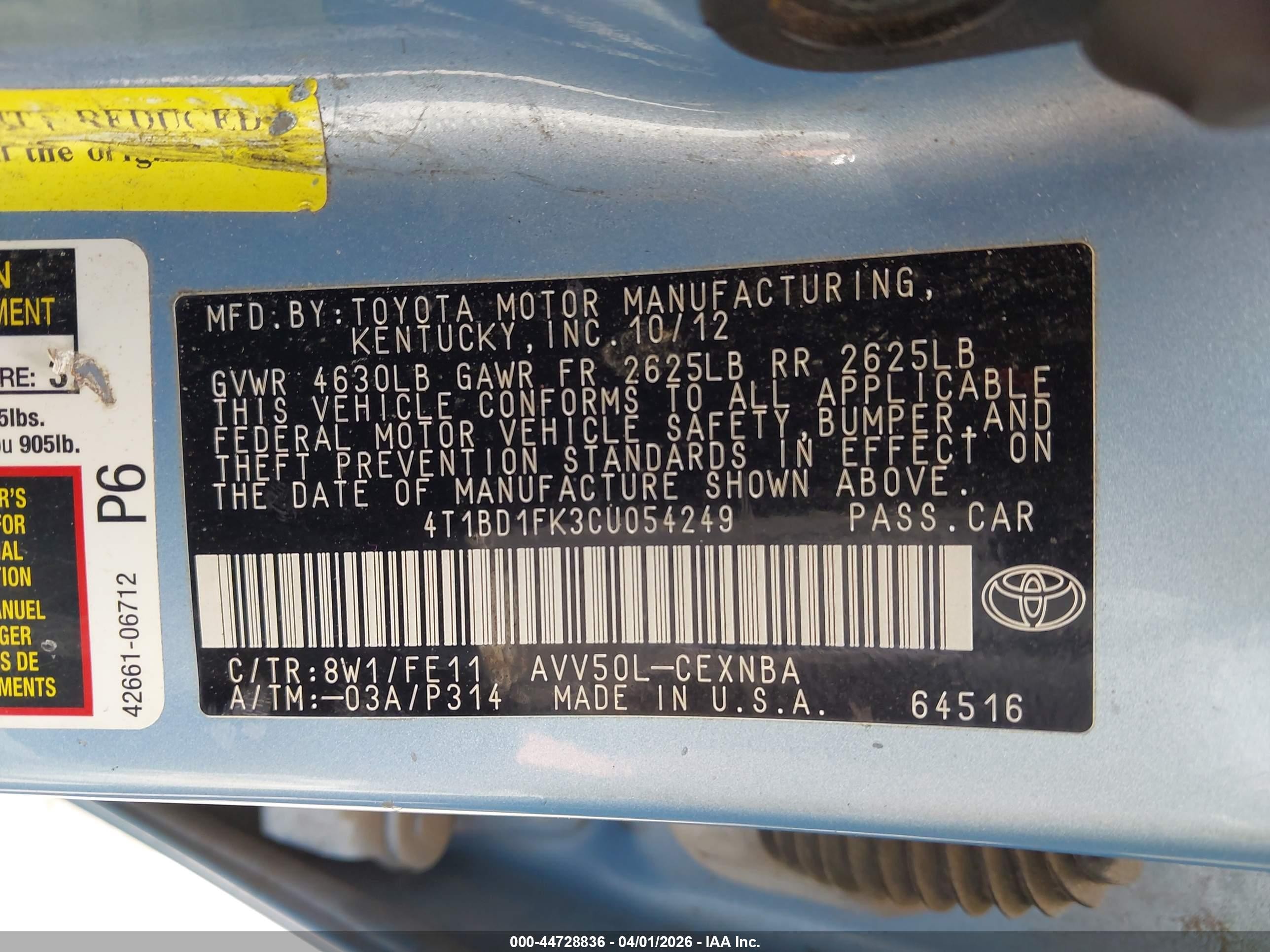 2012 Toyota Camry Hybrid Le Light Blue vin: 4T1BD1FK3CU054249