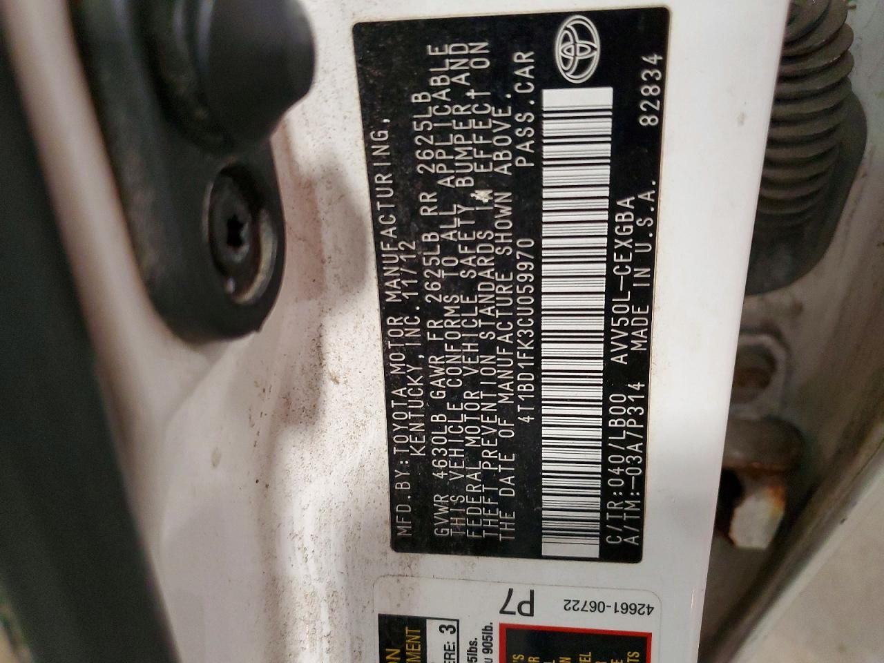 2012 Toyota Camry Hybrid Xle White vin: 4T1BD1FK3CU059970