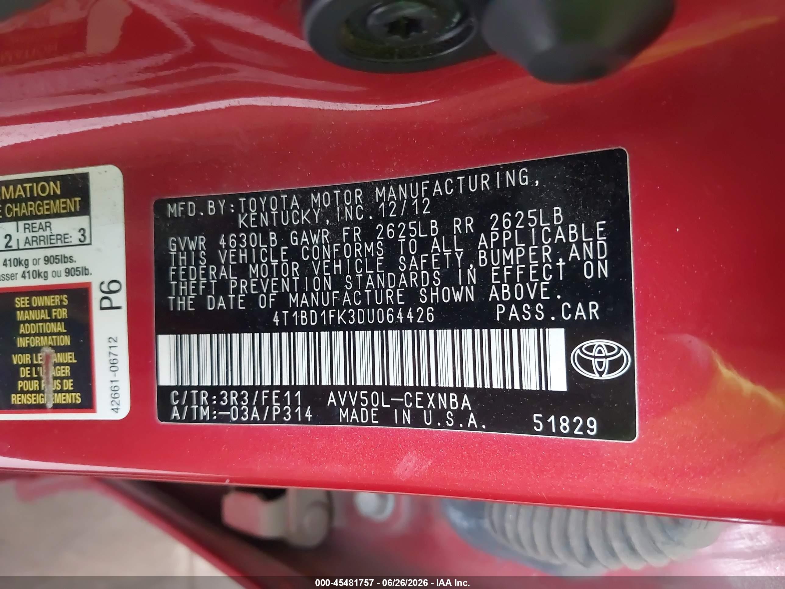 2013 Toyota Camry Hybrid Le Red vin: 4T1BD1FK3DU064426
