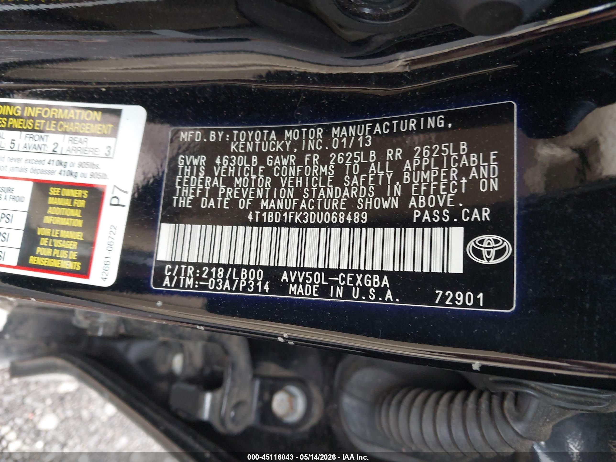 2013 Toyota Camry Hybrid Xle Black vin: 4T1BD1FK3DU068489