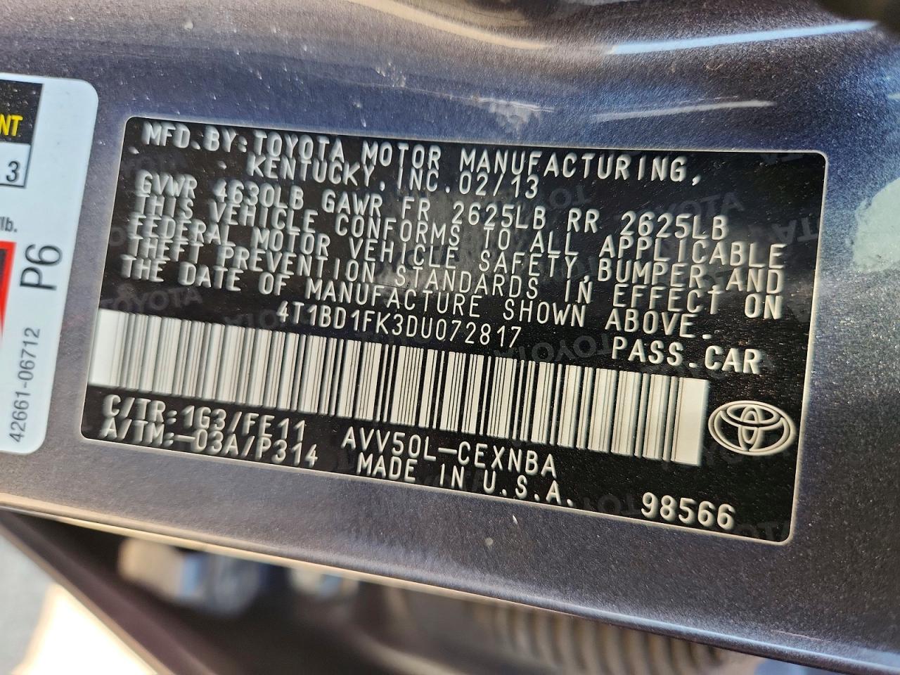 2013 Toyota Camry Hybrid Le Charcoal vin: 4T1BD1FK3DU072817