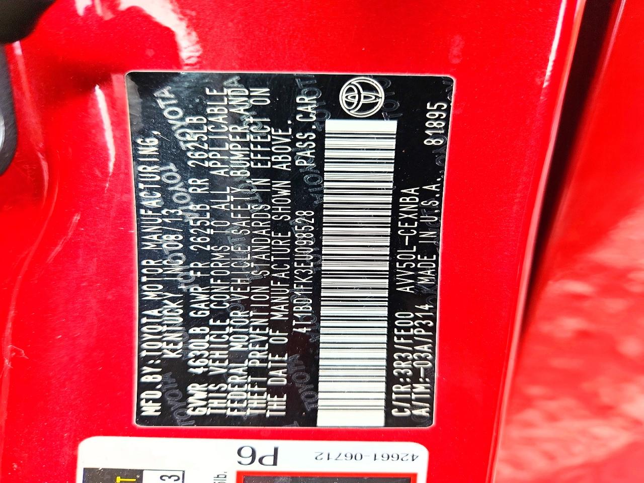 2014 Toyota Camry Hybrid Le Red vin: 4T1BD1FK3EU098528