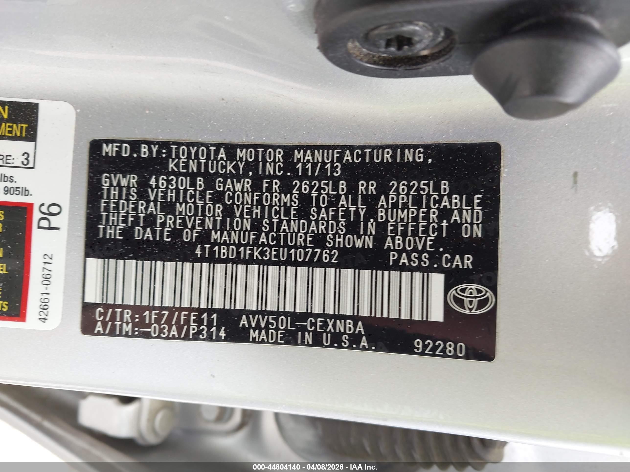2014 Toyota Camry Hybrid Le Silver vin: 4T1BD1FK3EU107762