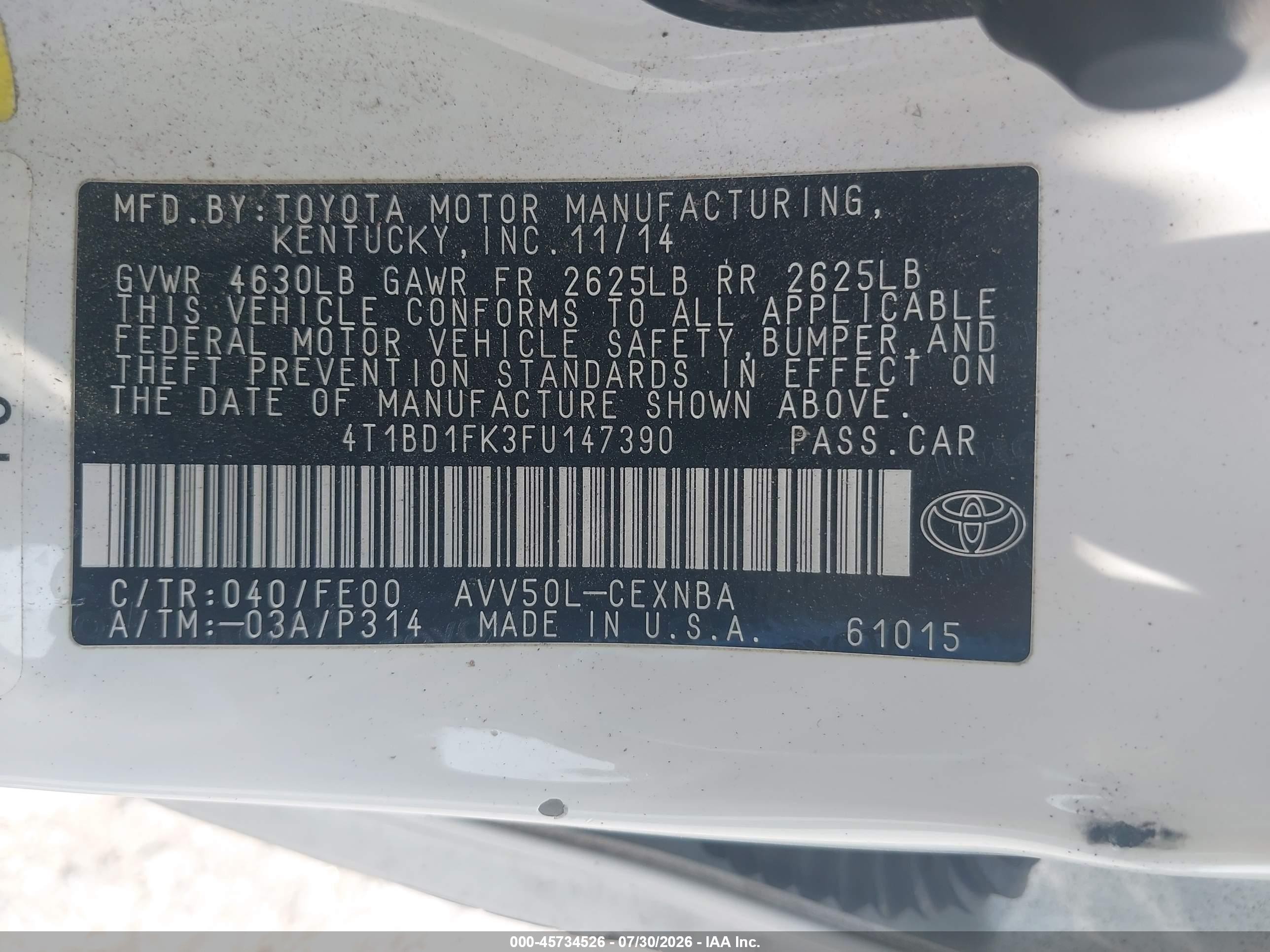 2015 Toyota Camry Hybrid Le White vin: 4T1BD1FK3FU147390
