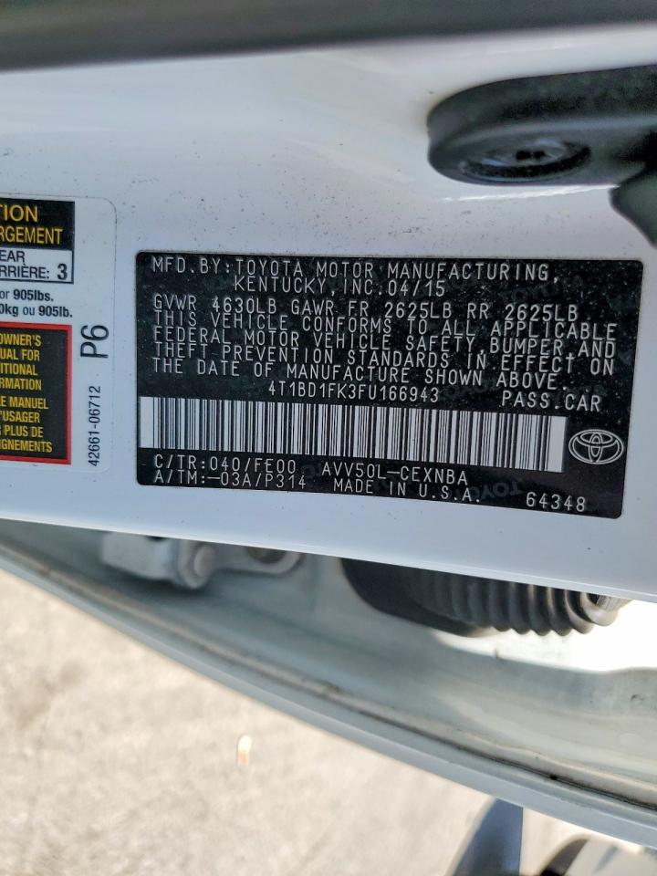 2015 Toyota Camry Hybrid Le White vin: 4T1BD1FK3FU166943
