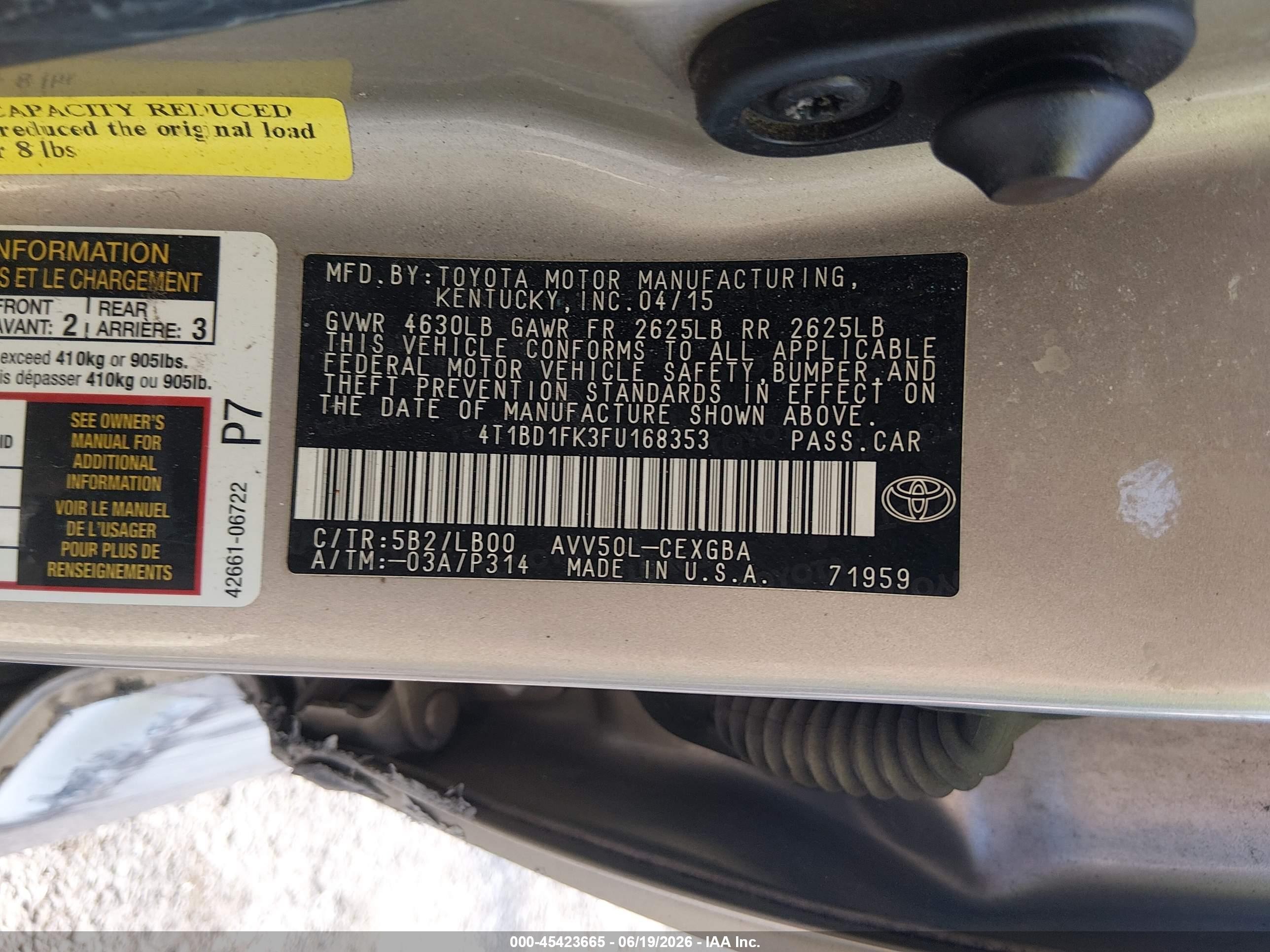 2015 Toyota Camry Hybrid Xle Champagne vin: 4T1BD1FK3FU168353