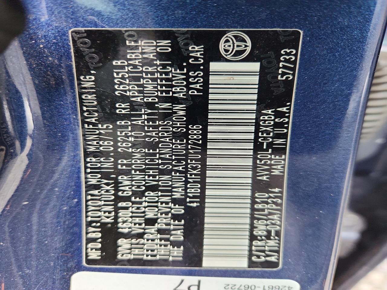 2015 Toyota Camry Hybrid Xle Blue vin: 4T1BD1FK3FU172886