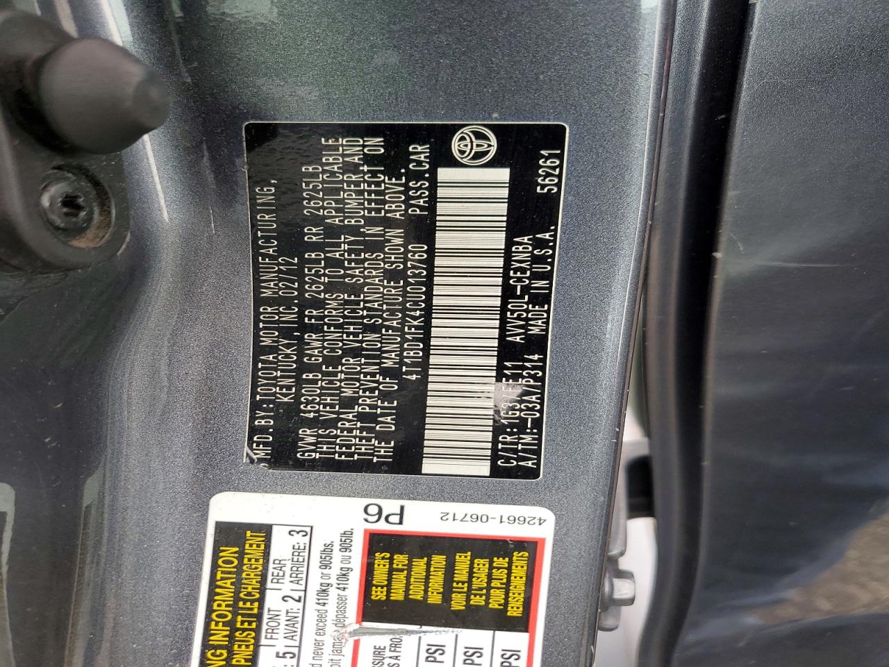 2012 Toyota Camry Hybrid Le Gray vin: 4T1BD1FK4CU013760