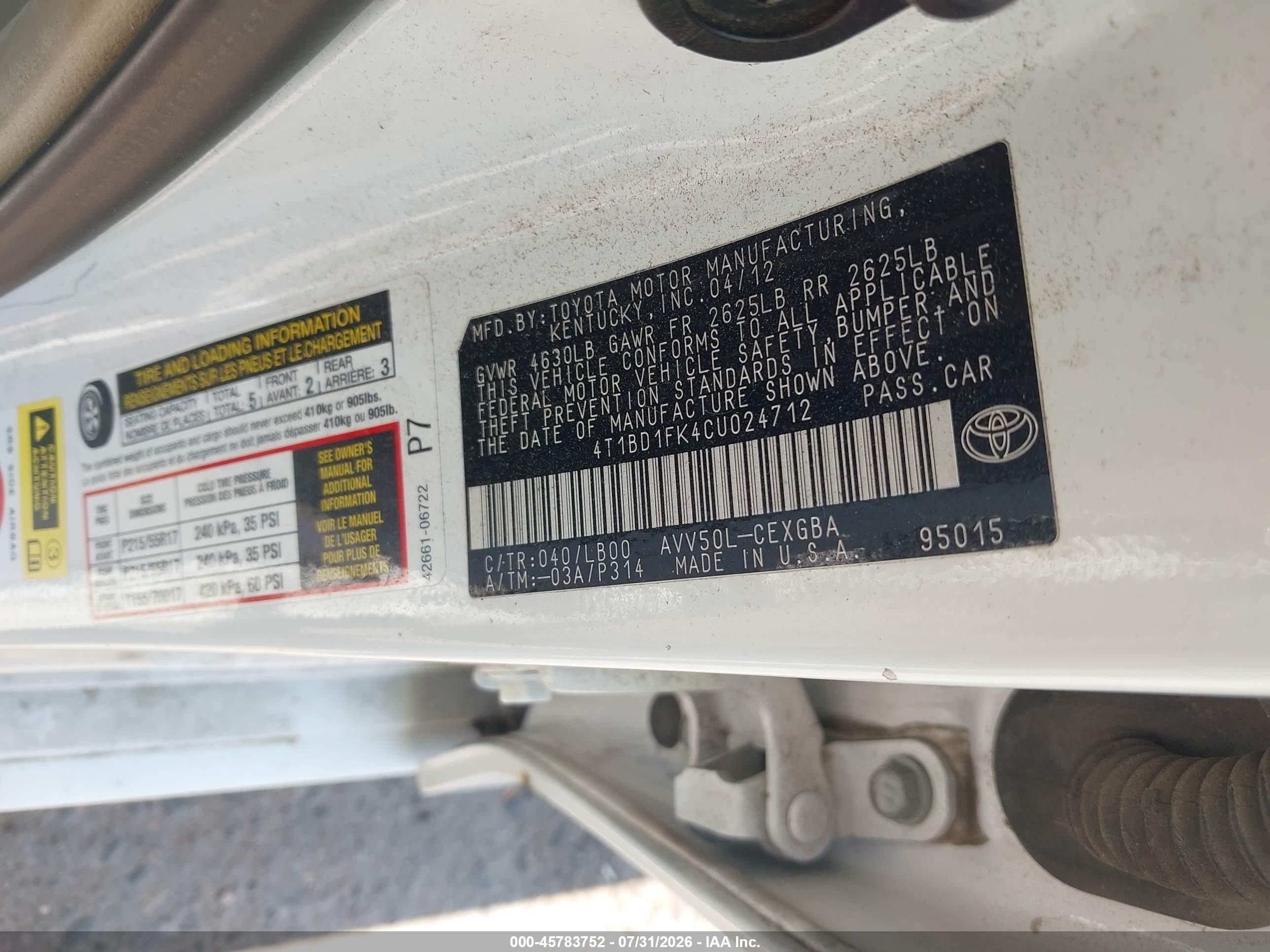 2012 Toyota Camry Hybrid Xle White vin: 4T1BD1FK4CU024712