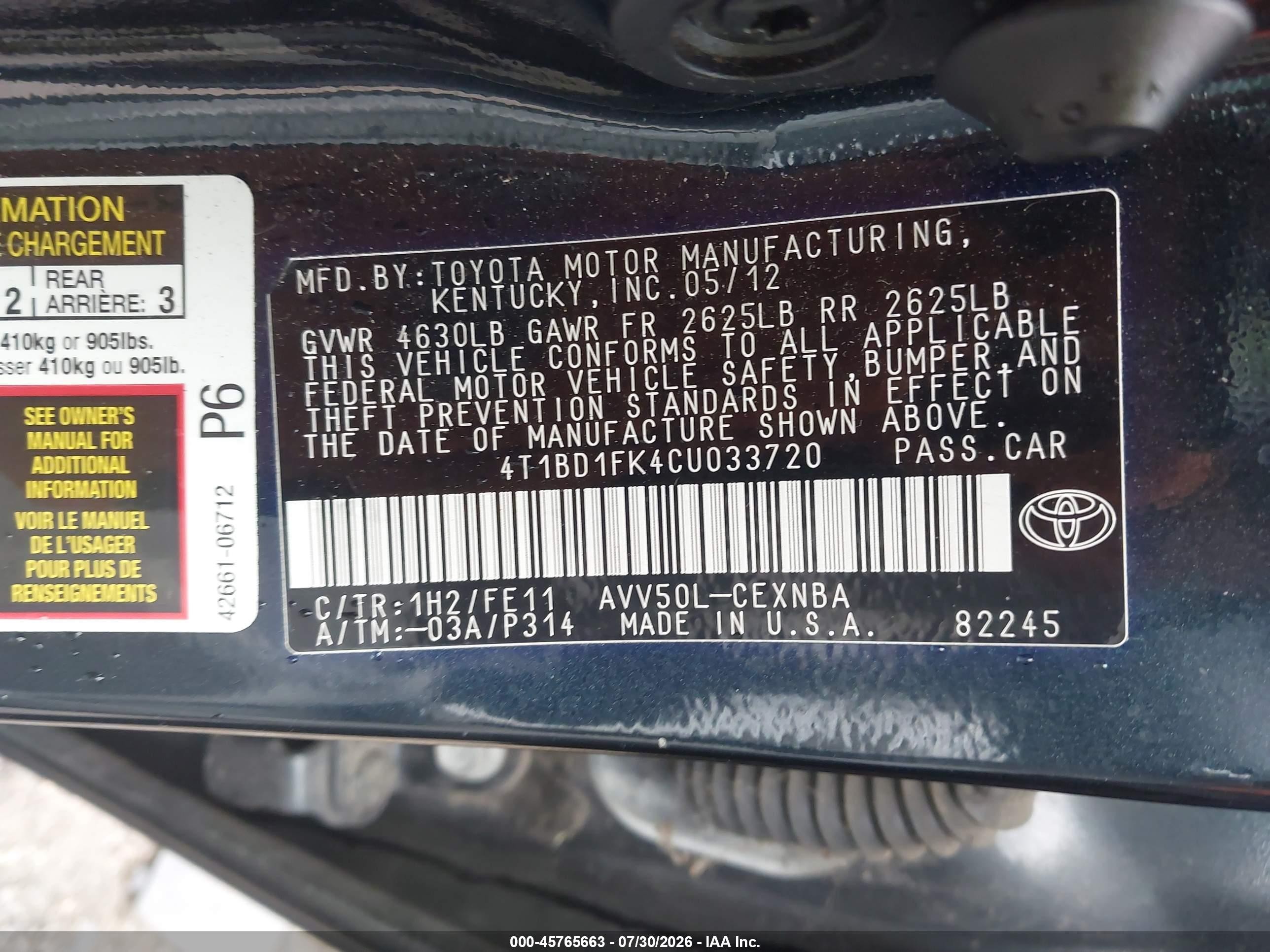 2012 Toyota Camry Hybrid Le Black vin: 4T1BD1FK4CU033720