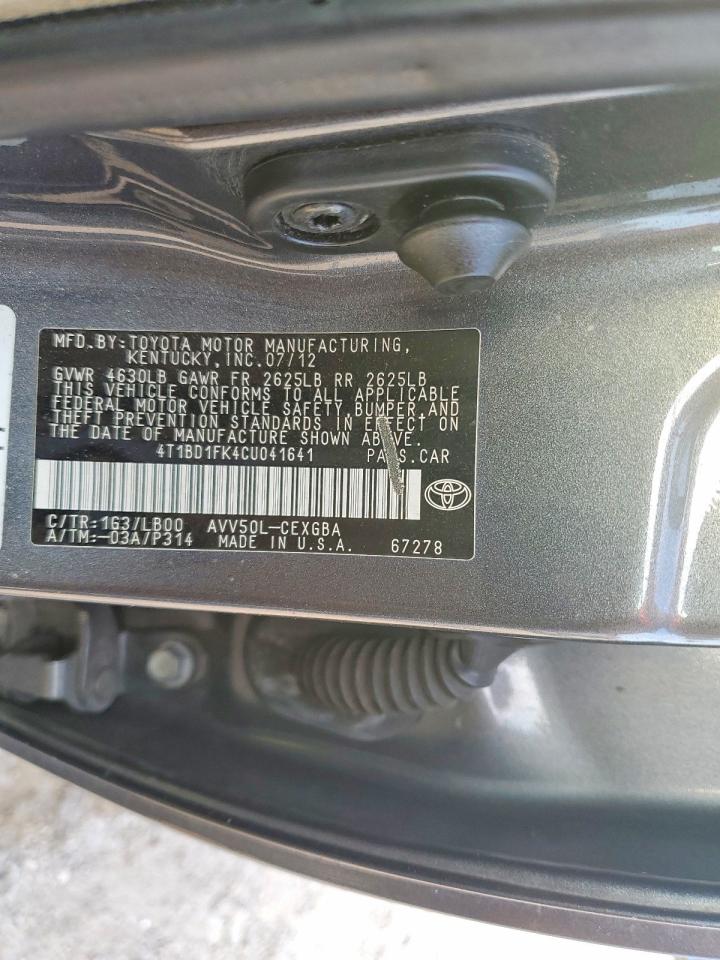 2012 Toyota Camry Hybrid Xle Серый vin: 4T1BD1FK4CU041641