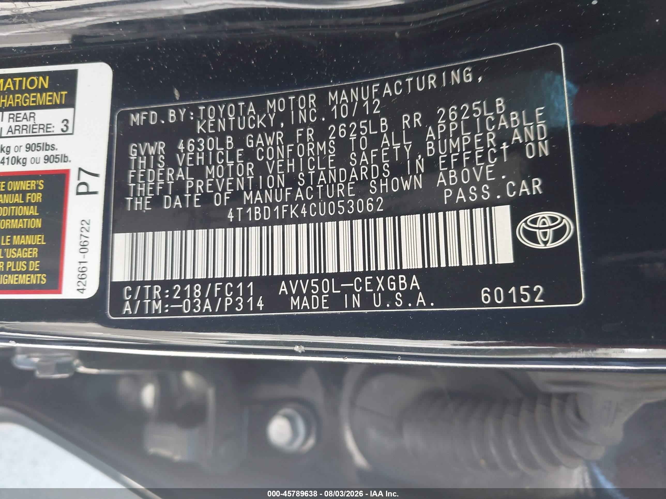 2012 Toyota Camry Hybrid Xle Black vin: 4T1BD1FK4CU053062