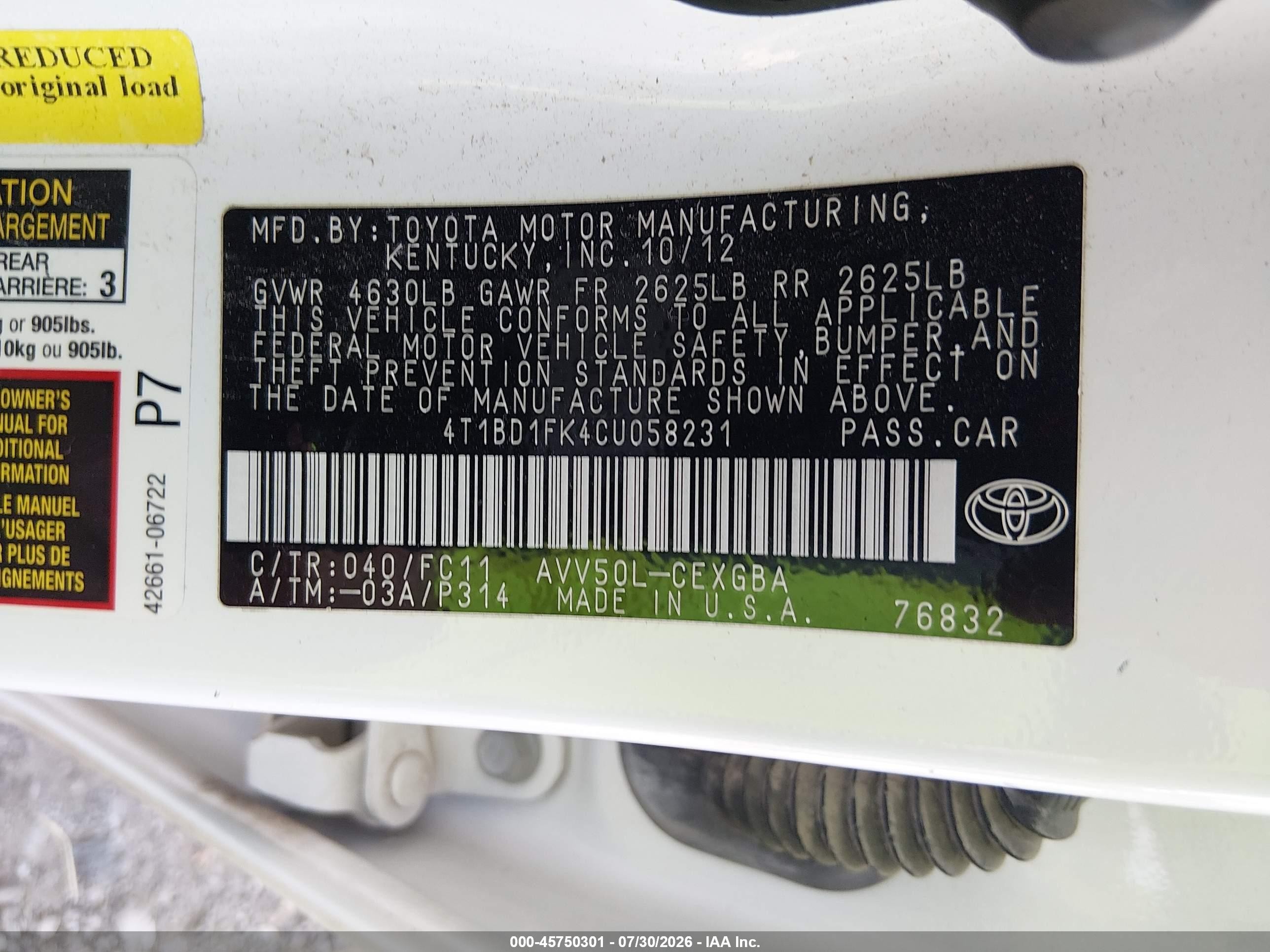 2012 Toyota Camry Hybrid Xle White vin: 4T1BD1FK4CU058231