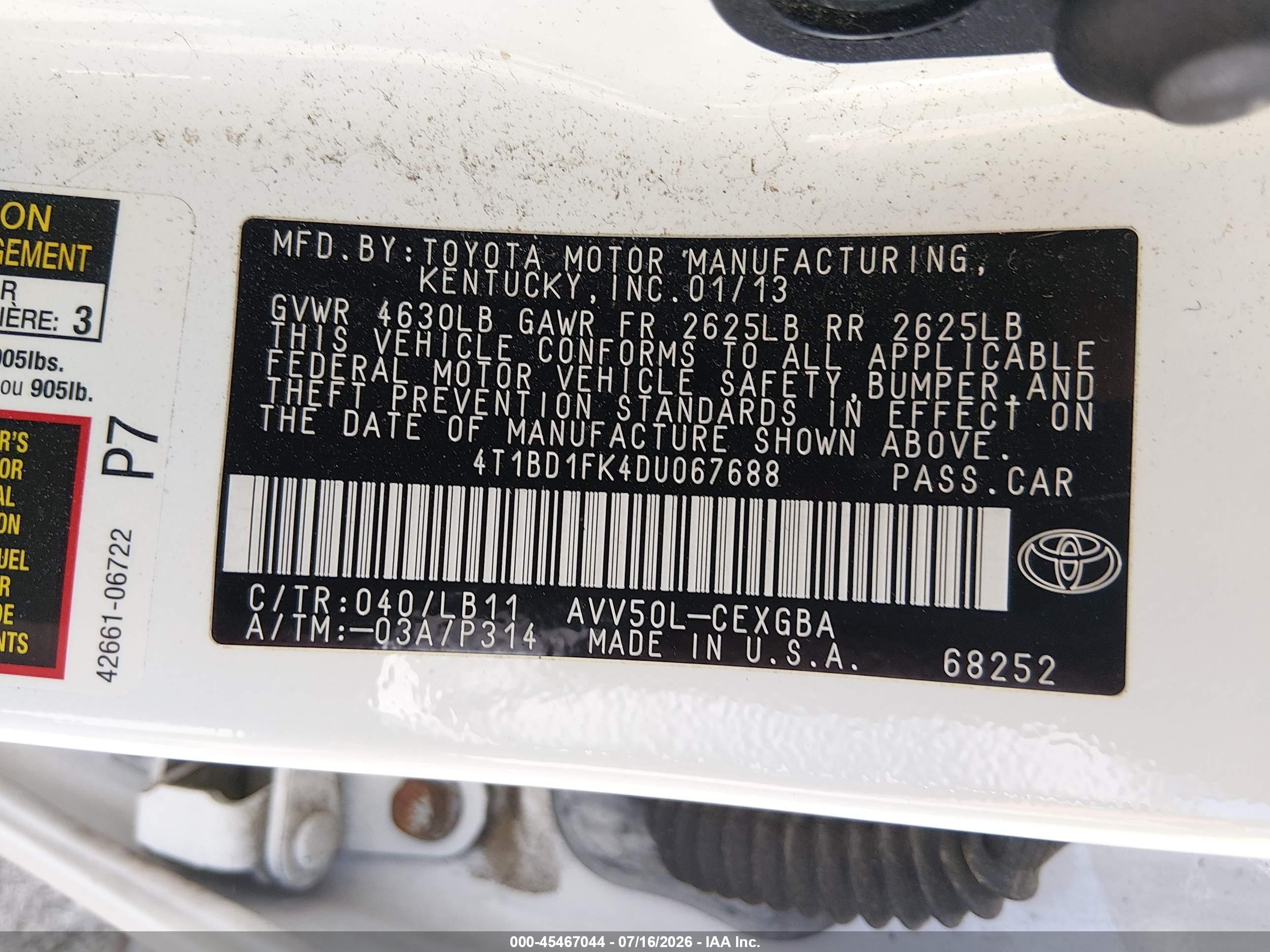 2013 Toyota Camry Hybrid Xle White vin: 4T1BD1FK4DU067688