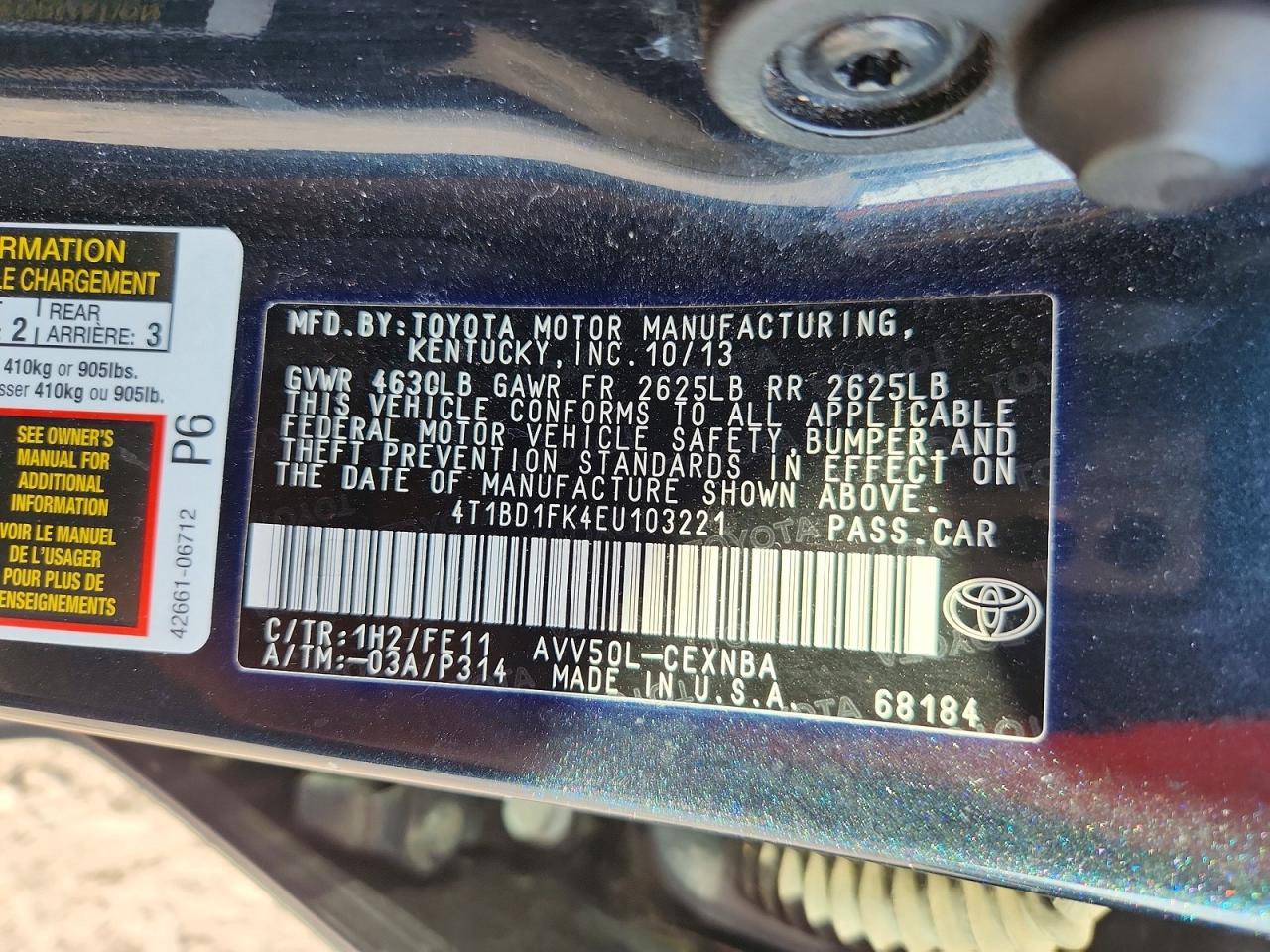 2014 Toyota Camry Hybrid Le Teal vin: 4T1BD1FK4EU103221