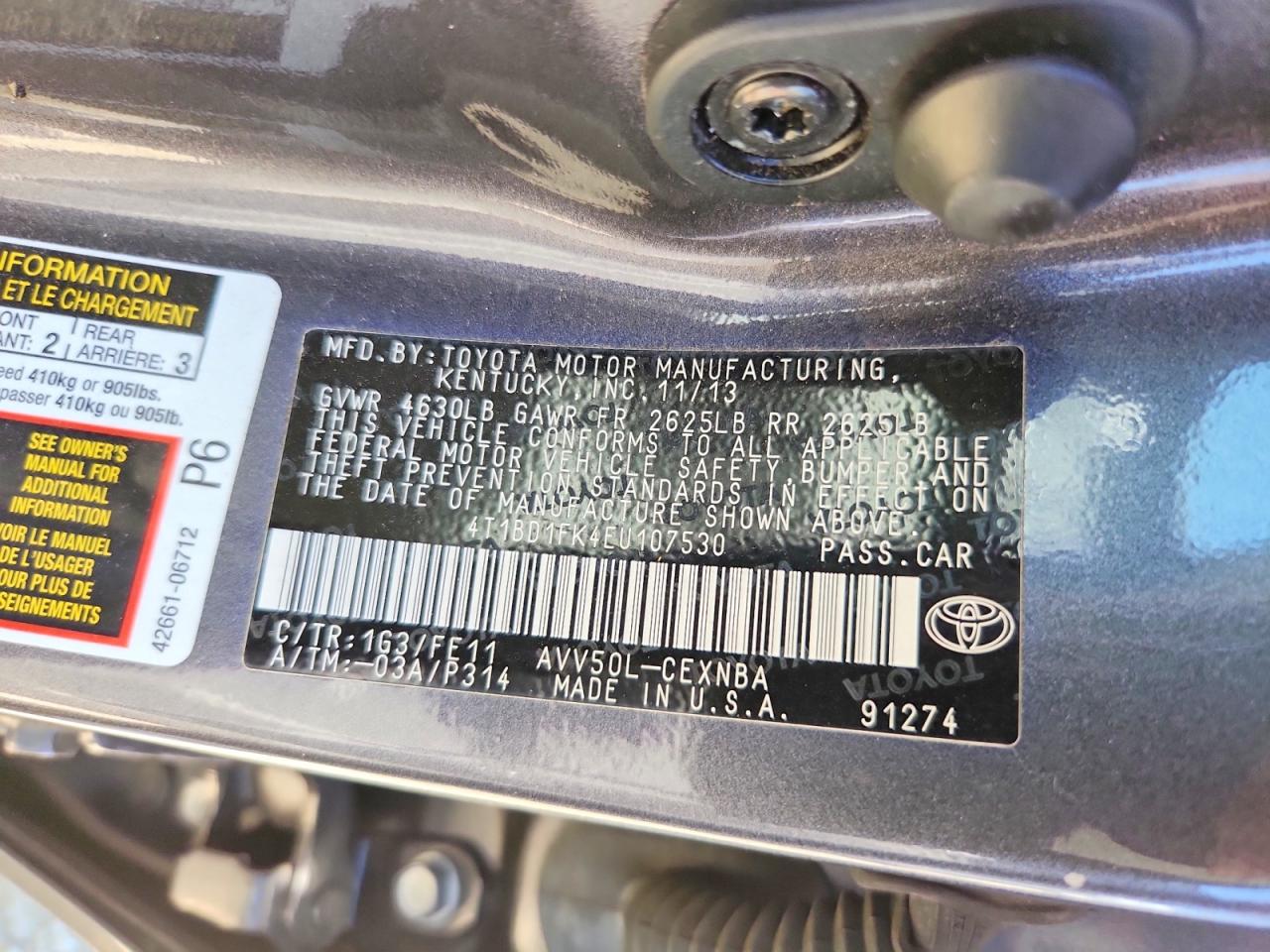 2014 Toyota Camry Hybrid Le Charcoal vin: 4T1BD1FK4EU107530