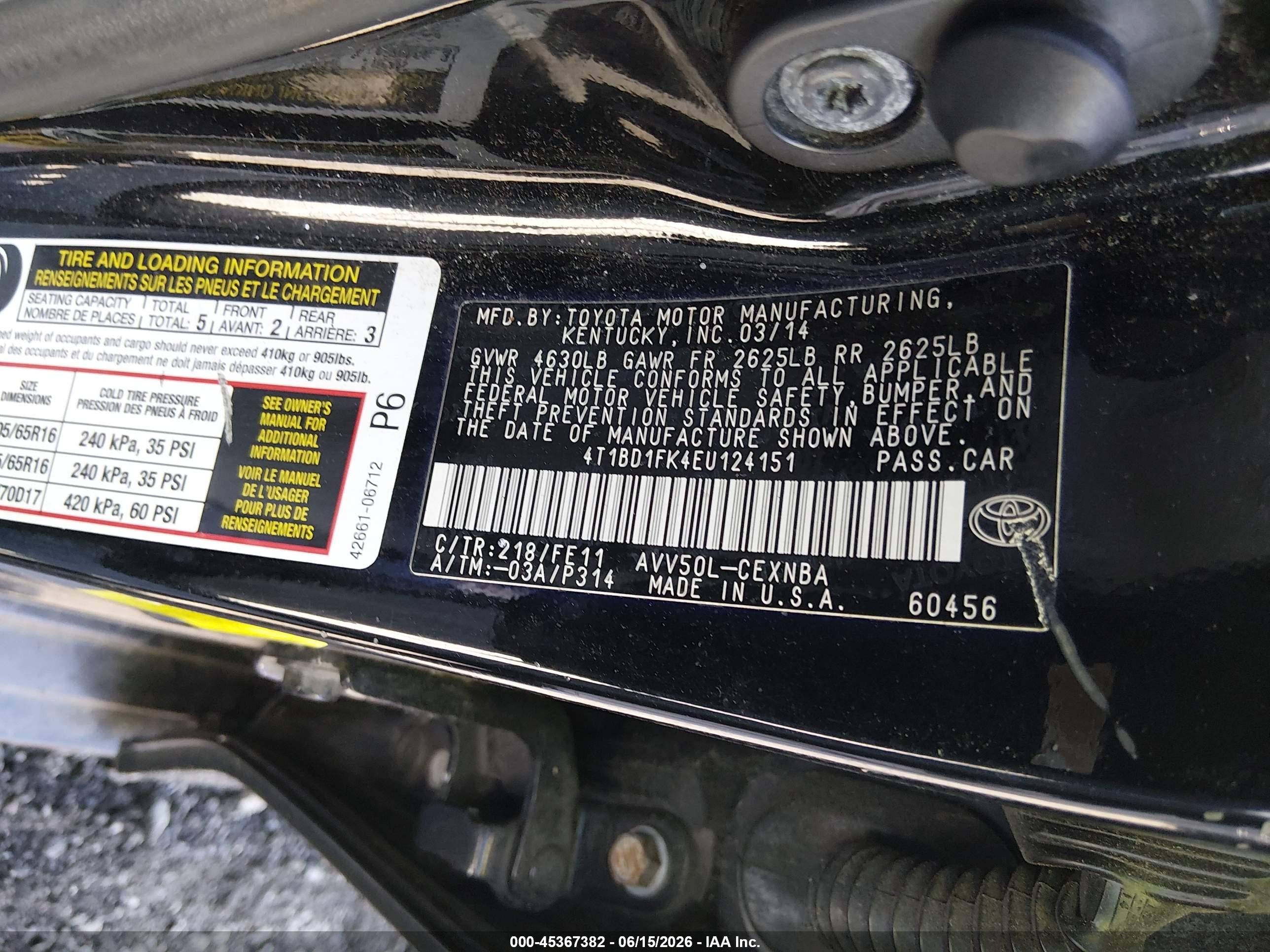 2014 Toyota Camry Hybrid Le Black vin: 4T1BD1FK4EU124151