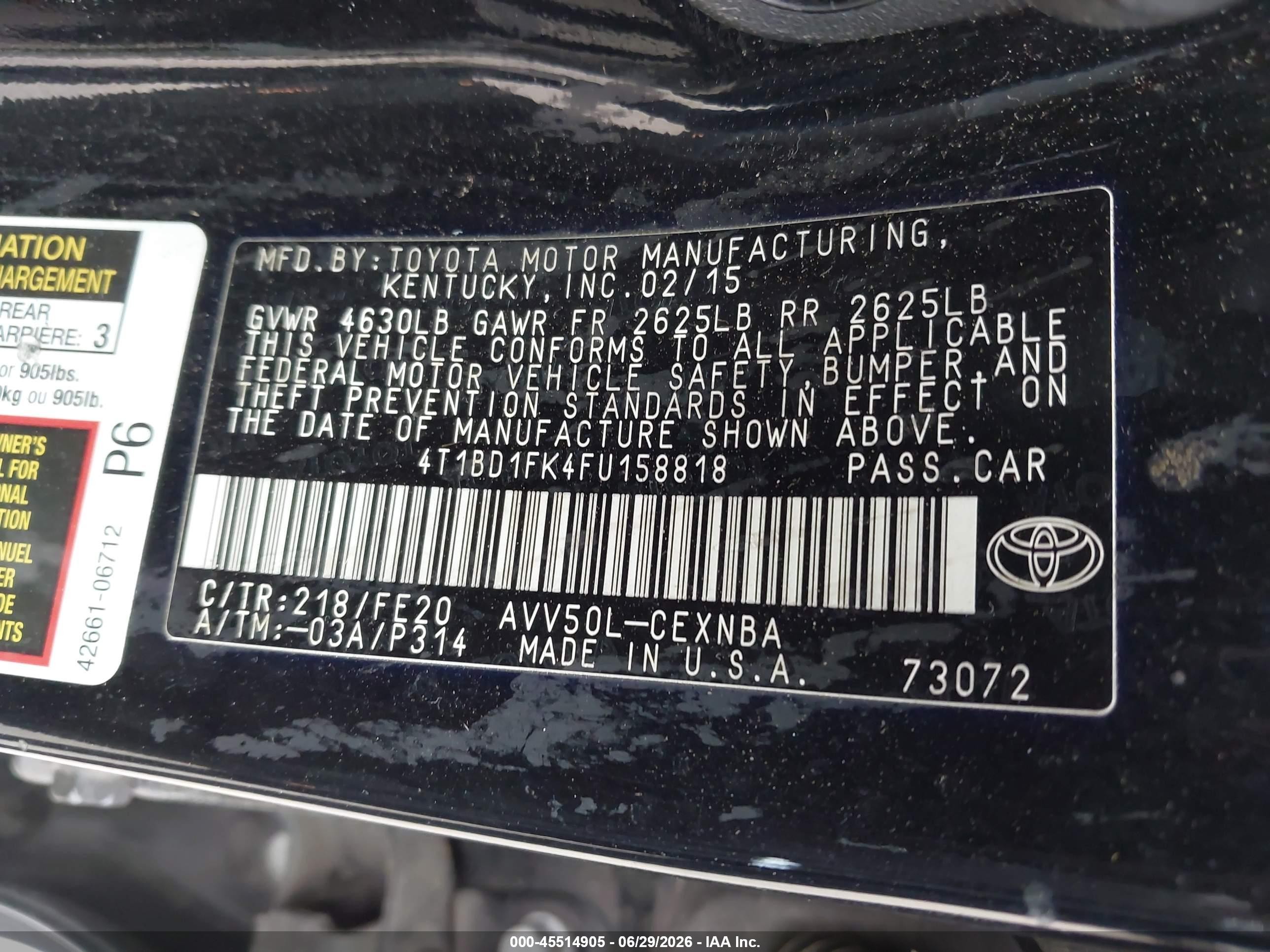 2015 Toyota Camry Hybrid Le Black vin: 4T1BD1FK4FU158818