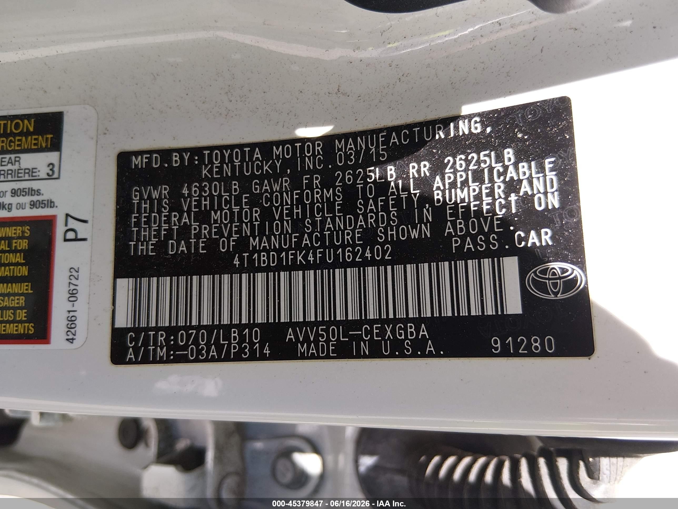 2015 Toyota Camry Hybrid Xle Белый vin: 4T1BD1FK4FU162402