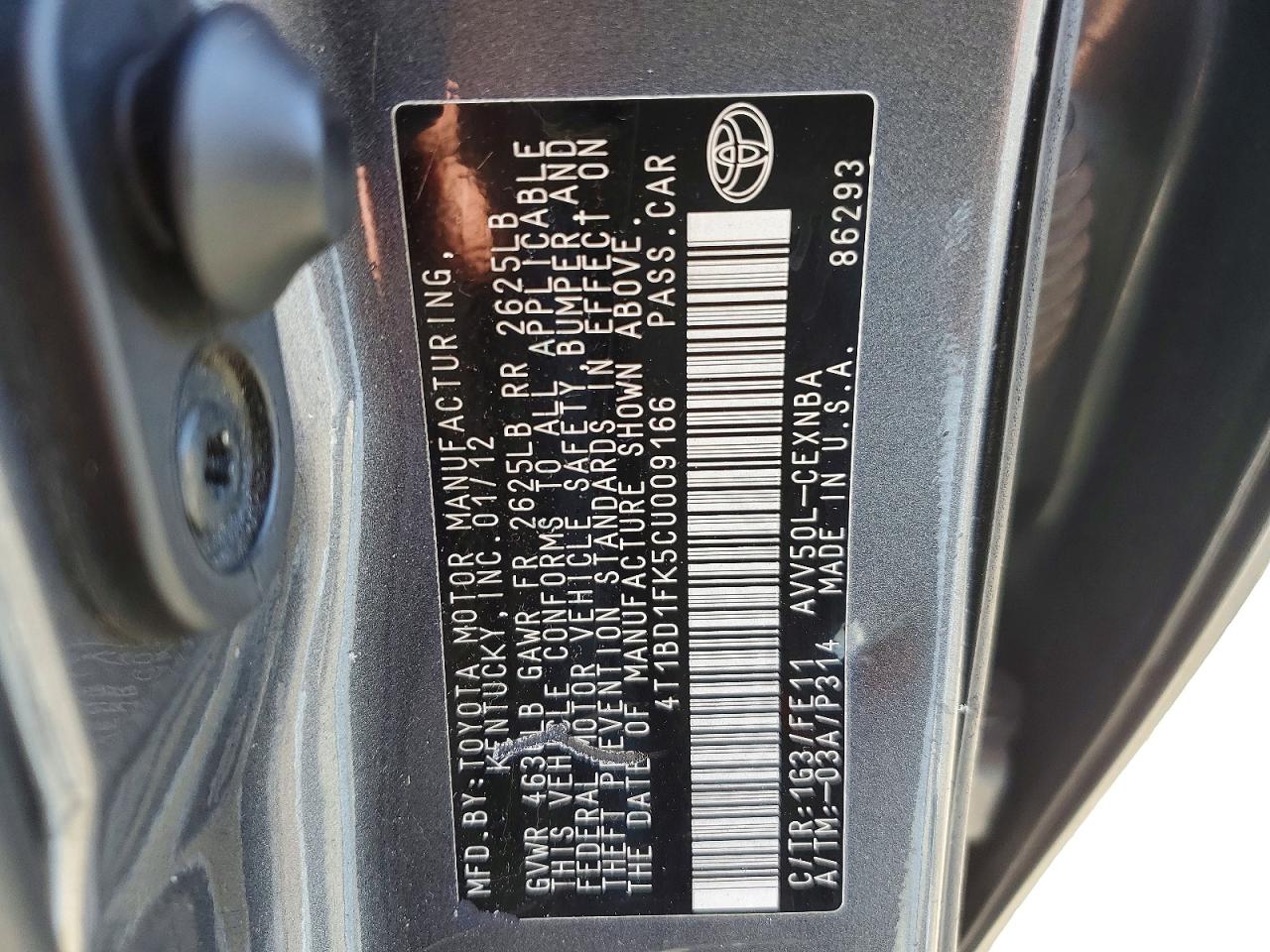 2012 Toyota Camry Hybrid Le Charcoal vin: 4T1BD1FK5CU009166
