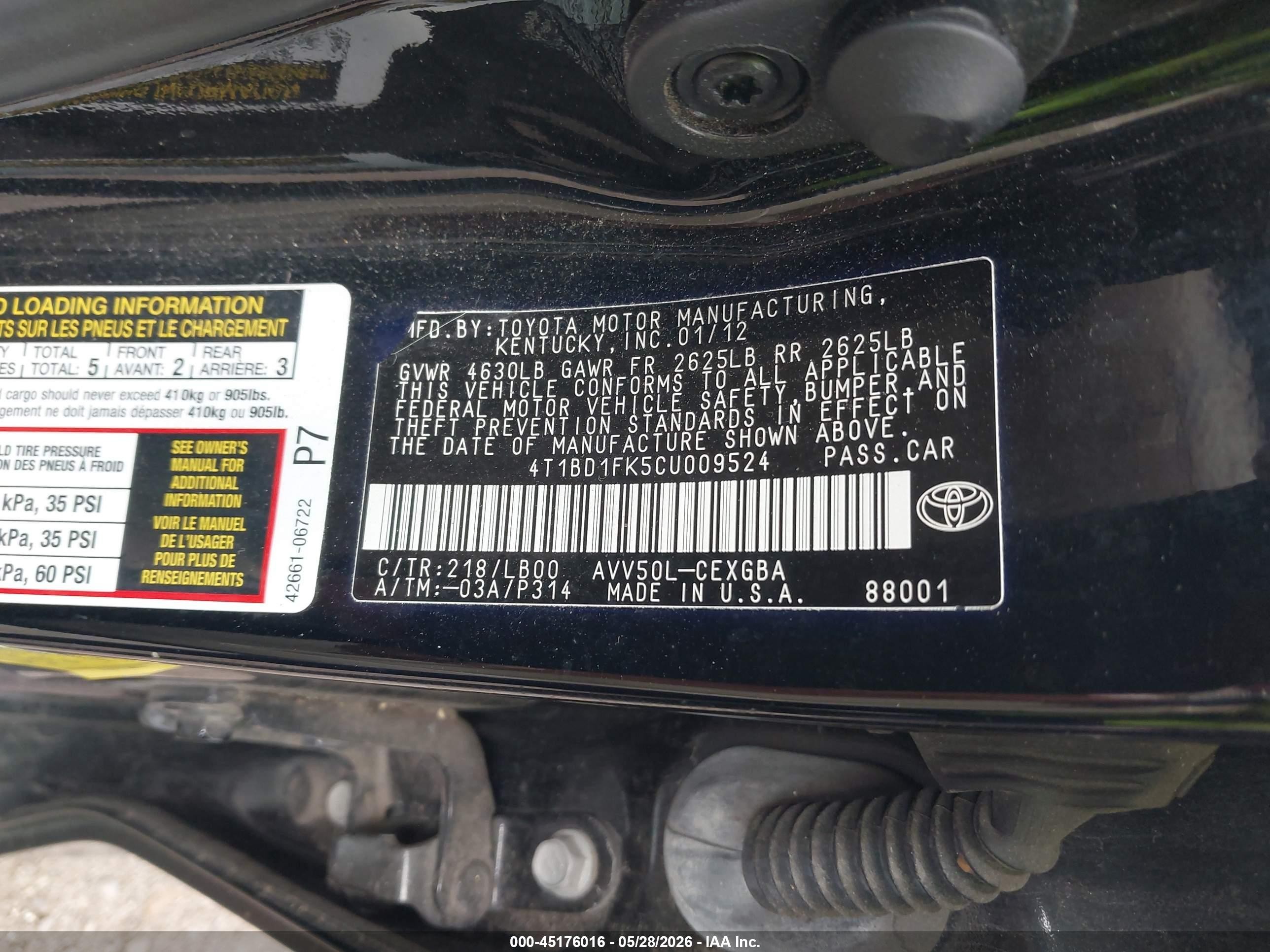 2012 Toyota Camry Hybrid Xle Black vin: 4T1BD1FK5CU009524