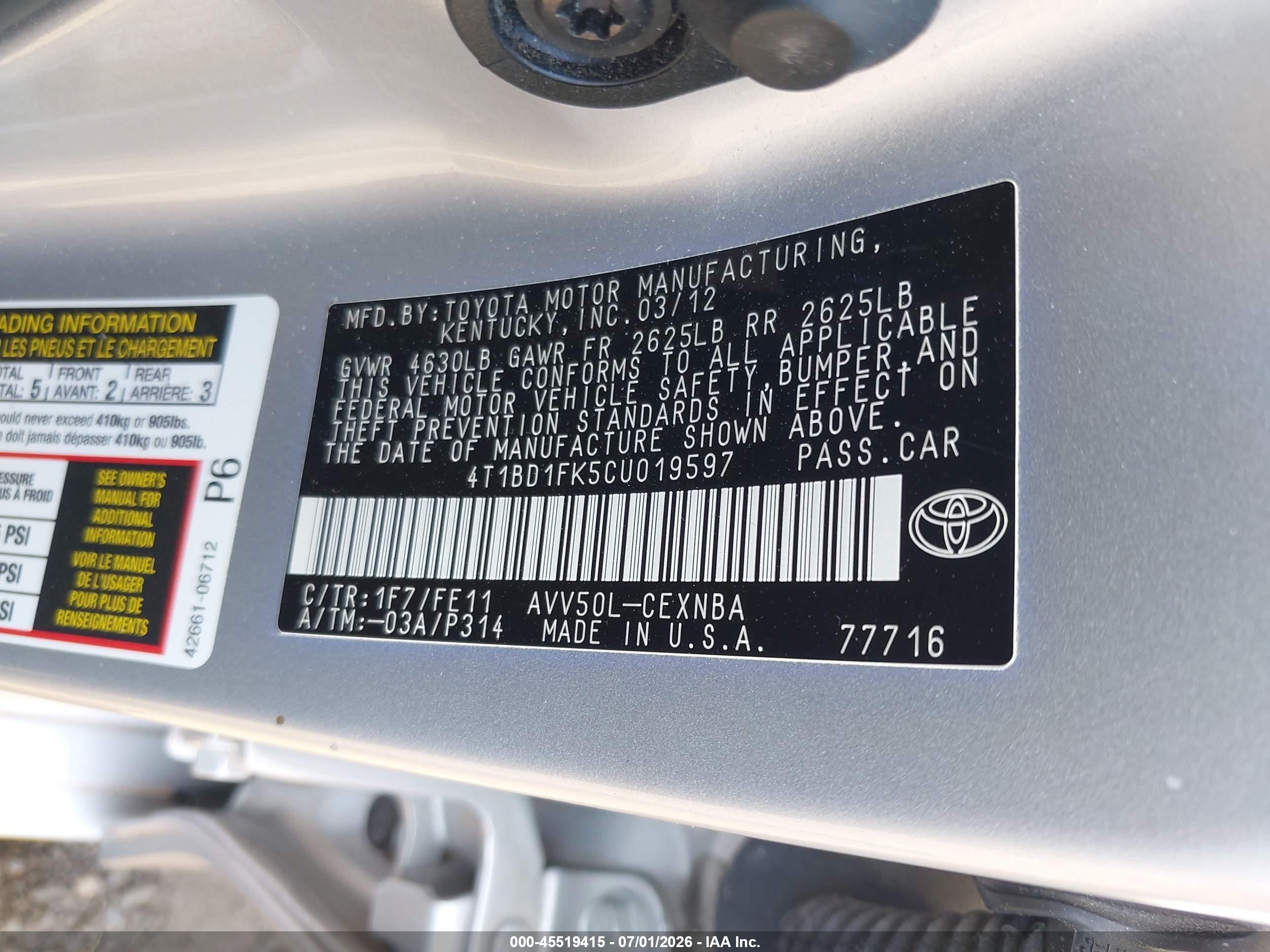 2012 Toyota Camry Hybrid Le Silver vin: 4T1BD1FK5CU019597