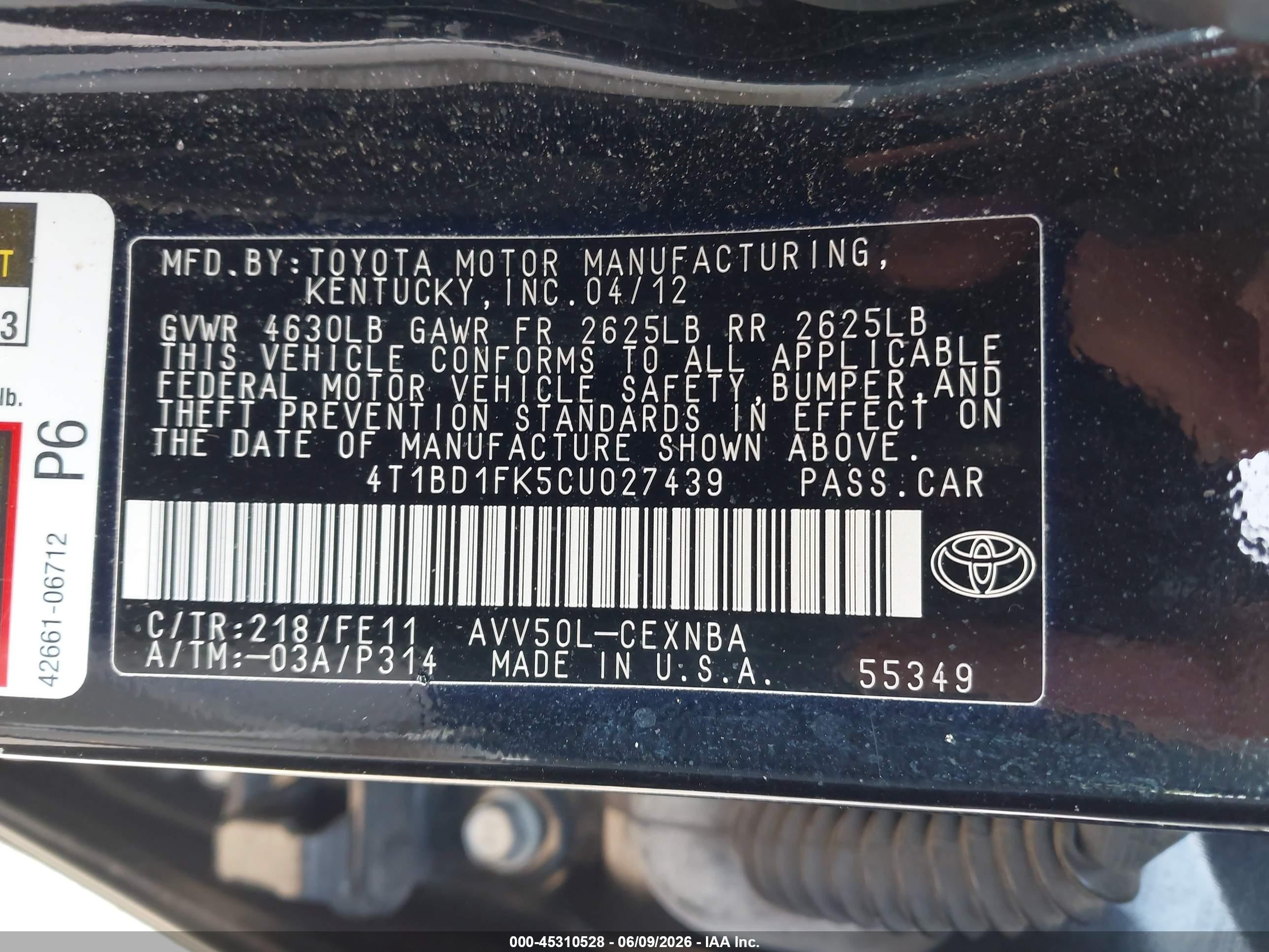 2012 Toyota Camry Hybrid Le Black vin: 4T1BD1FK5CU027439