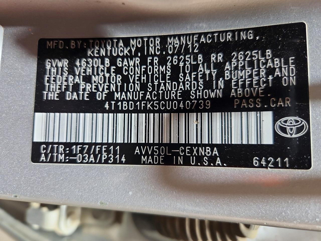 2012 Toyota Camry Hybrid Le Silver vin: 4T1BD1FK5CU040739