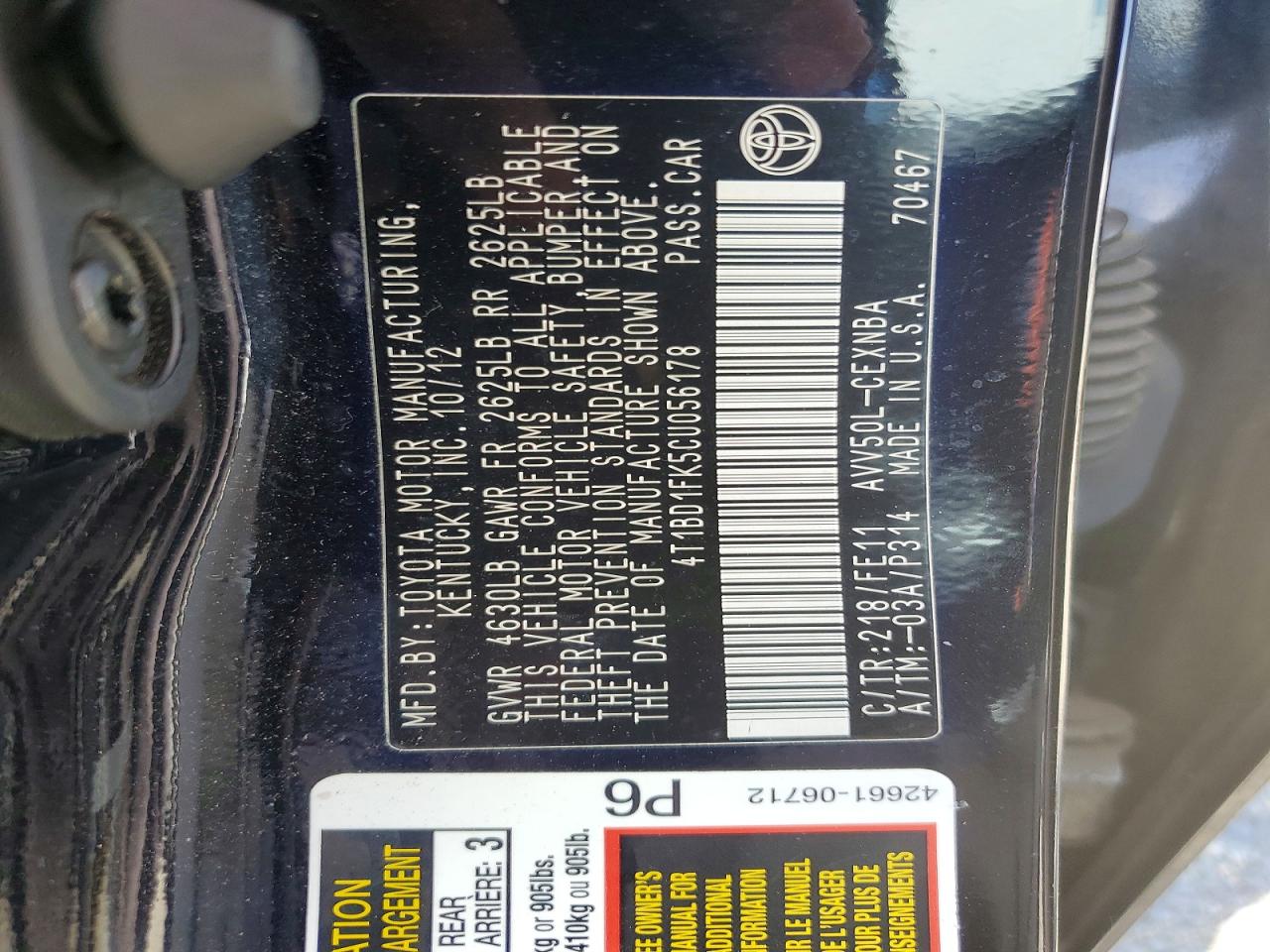2012 Toyota Camry Hybrid Le Black vin: 4T1BD1FK5CU056178