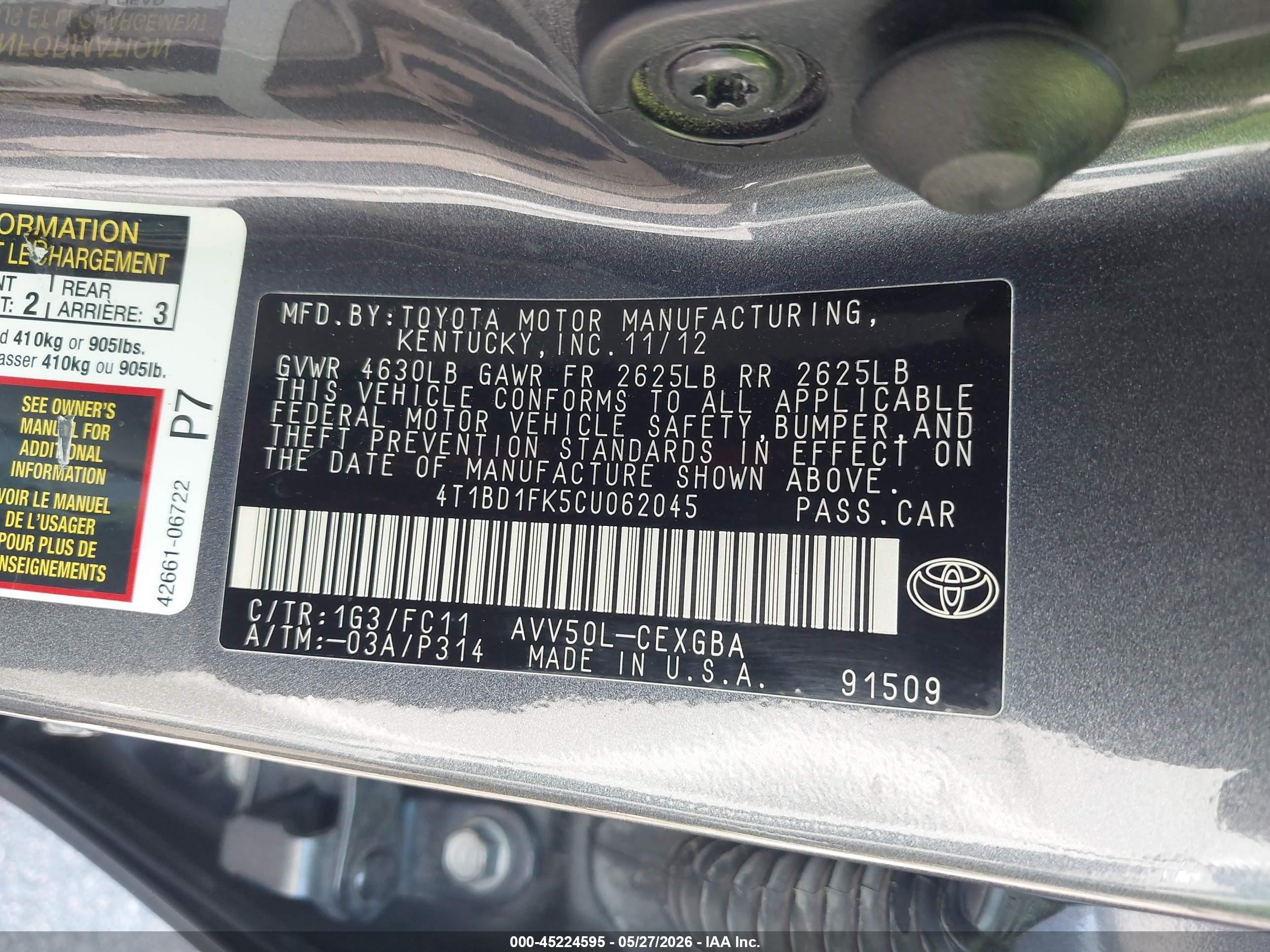 2012 Toyota Camry Hybrid Xle Gray vin: 4T1BD1FK5CU062045