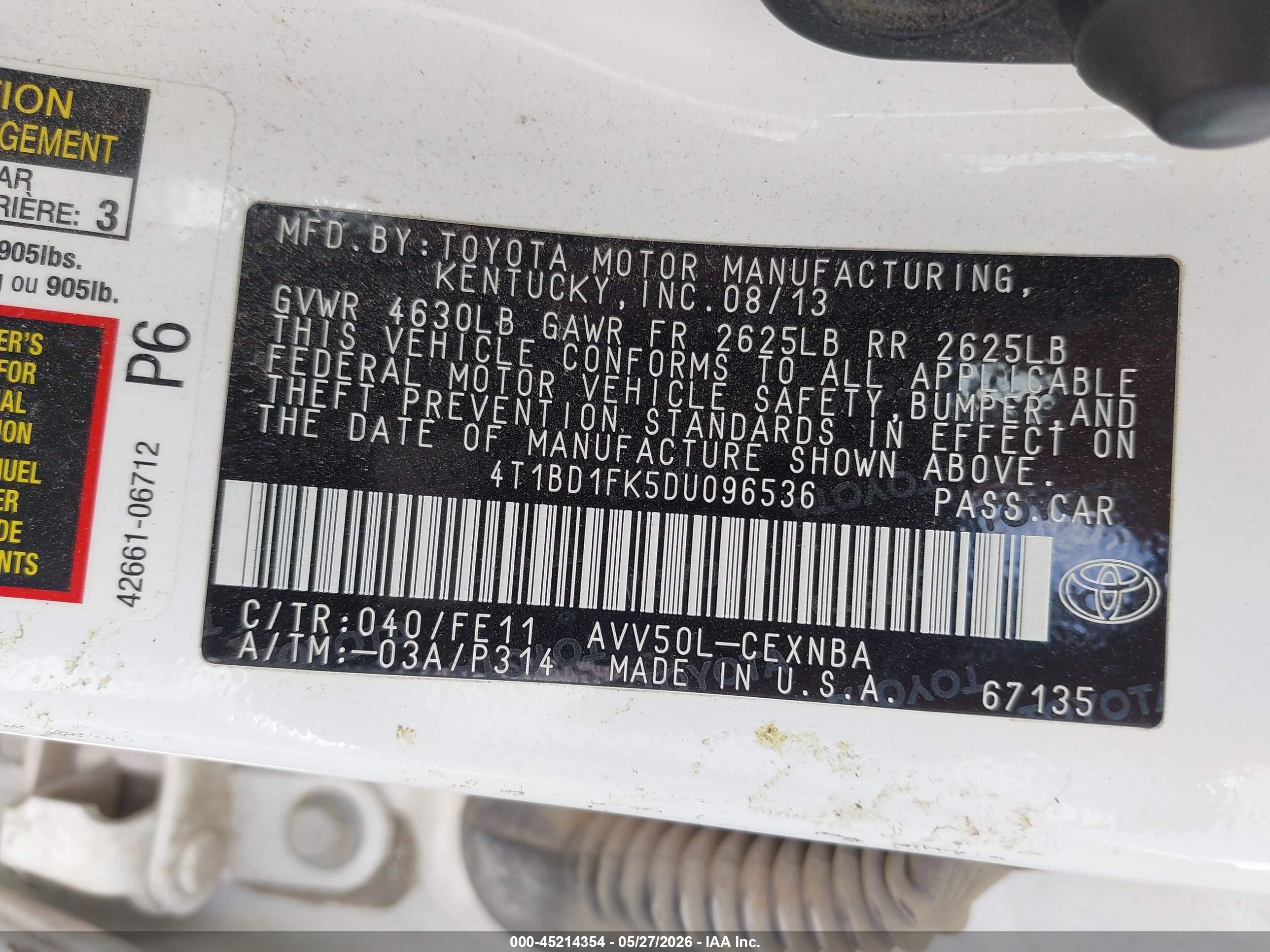 2013 Toyota Camry Hybrid Le Белый vin: 4T1BD1FK5DU096536