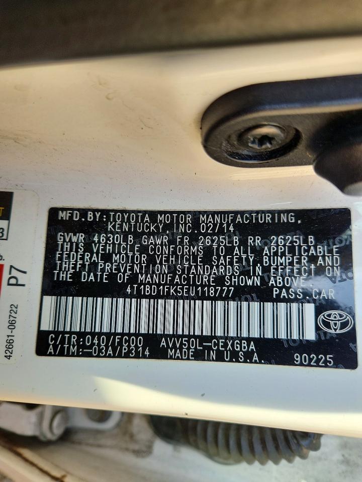 2014 Toyota Camry Hybrid Xle White vin: 4T1BD1FK5EU118777