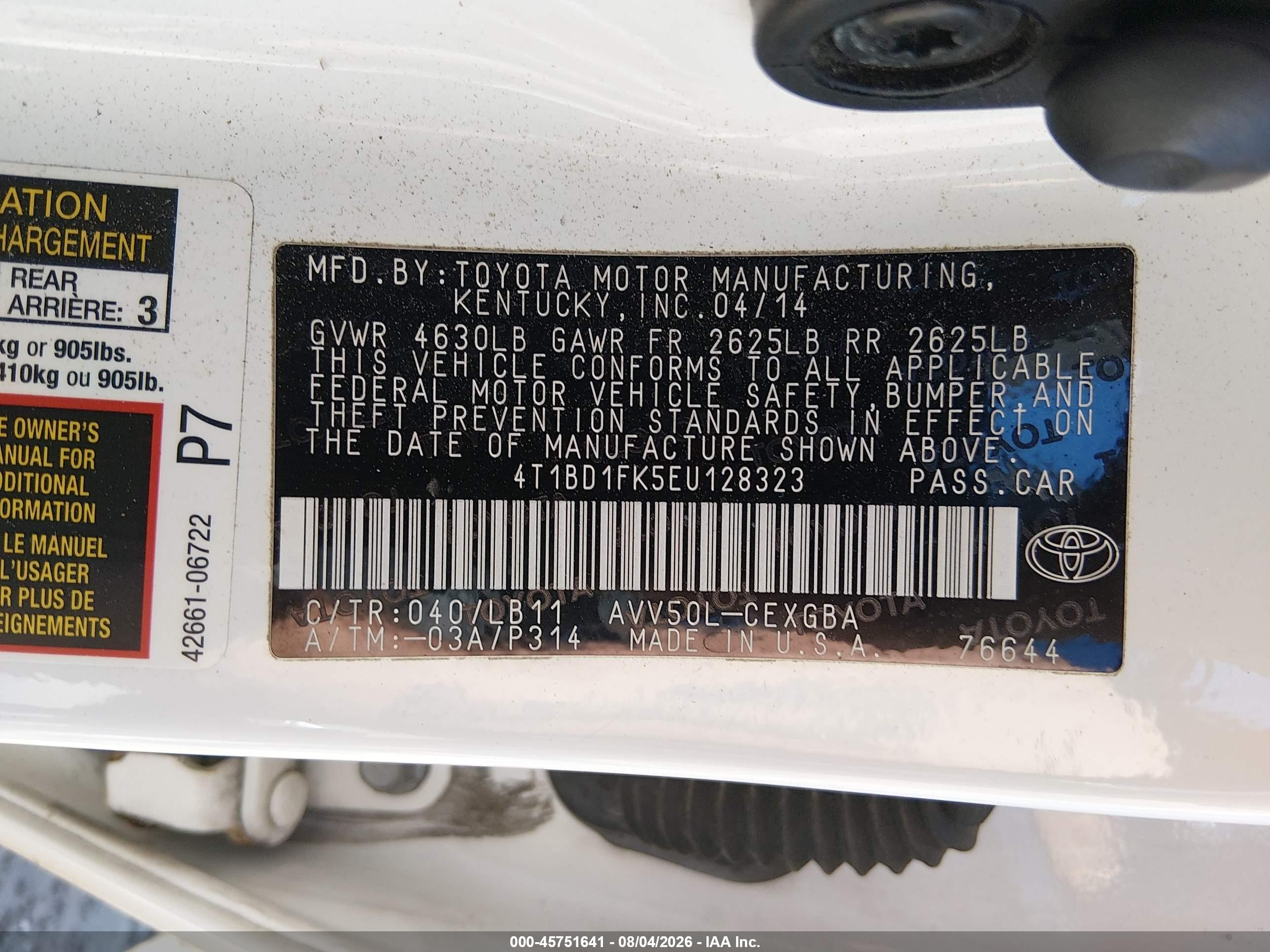2014 Toyota Camry Hybrid Xle White vin: 4T1BD1FK5EU128323