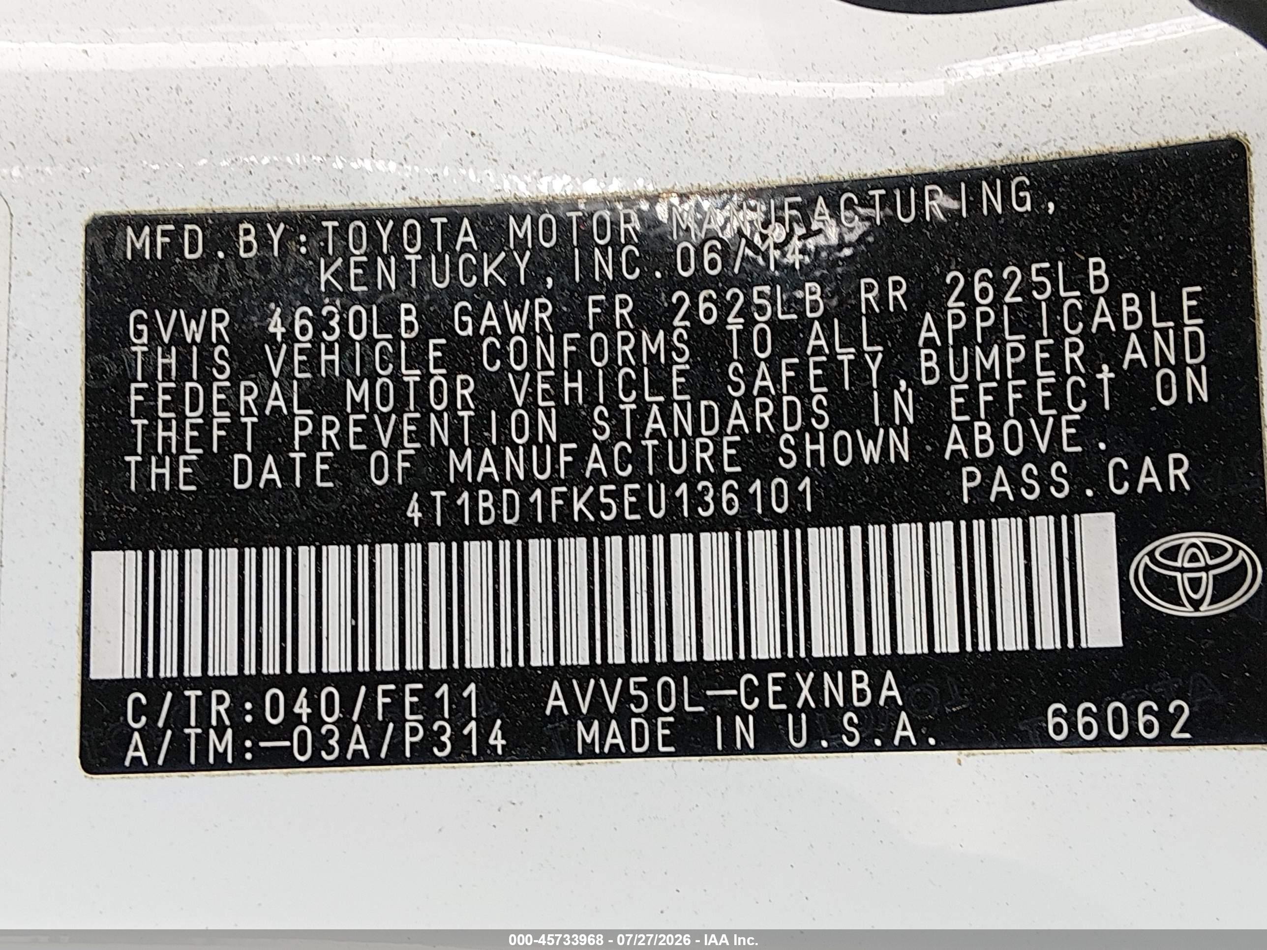 2014 Toyota Camry Hybrid Le Белый vin: 4T1BD1FK5EU136101