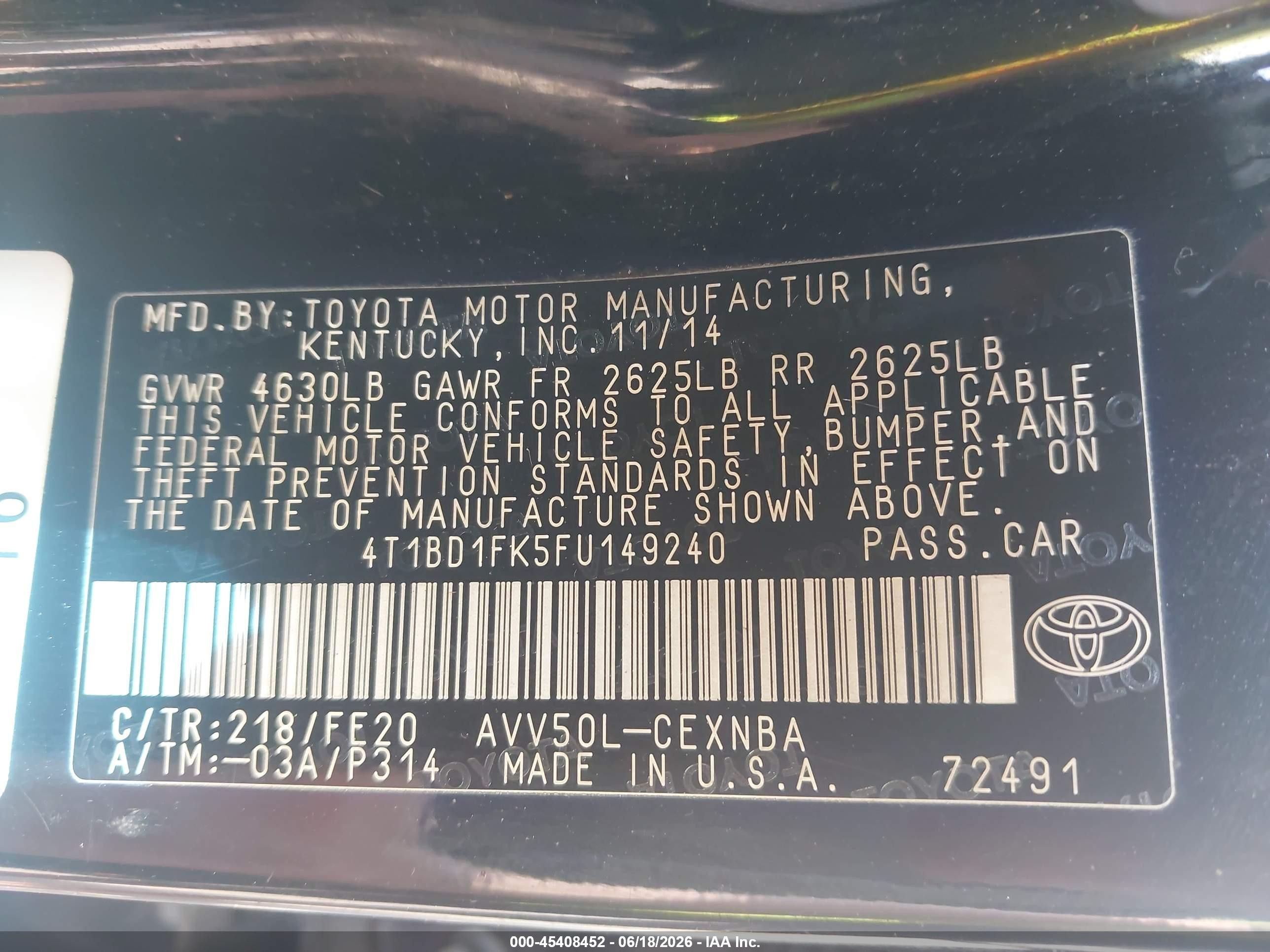 2015 Toyota Camry Hybrid Le Black vin: 4T1BD1FK5FU149240