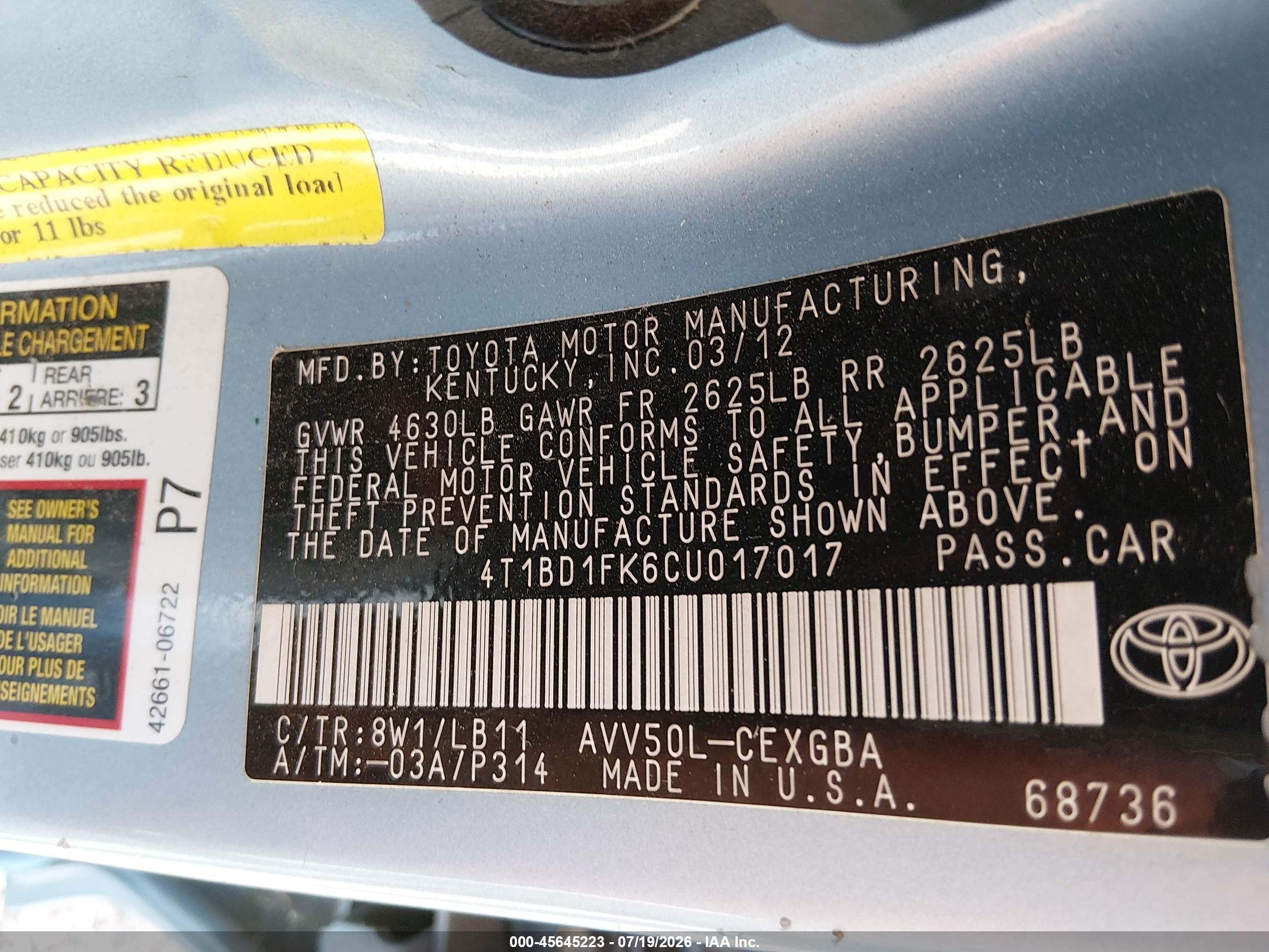 2012 Toyota Camry Hybrid Xle Light Blue vin: 4T1BD1FK6CU017017