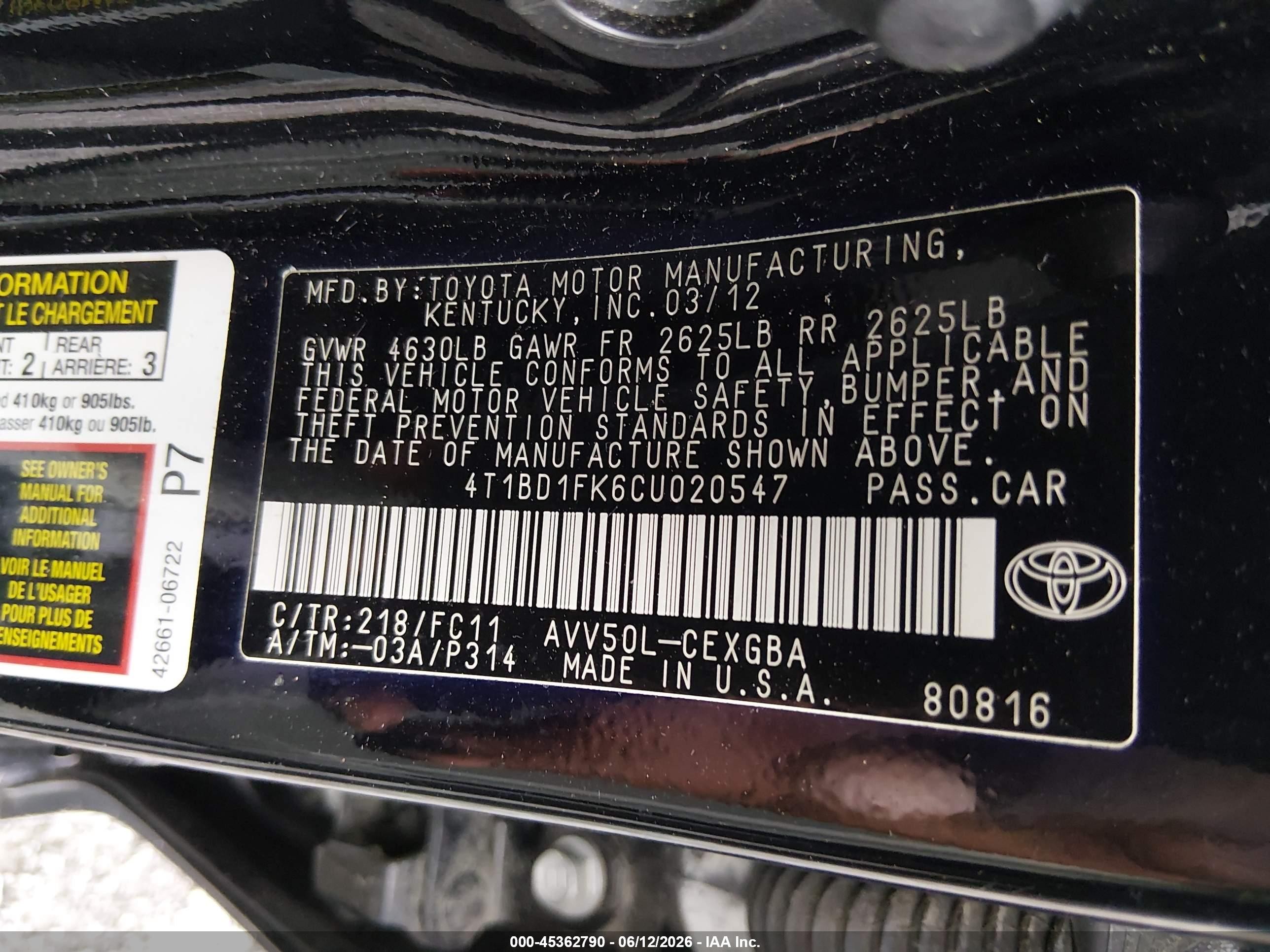 2012 Toyota Camry Hybrid Xle Black vin: 4T1BD1FK6CU020547