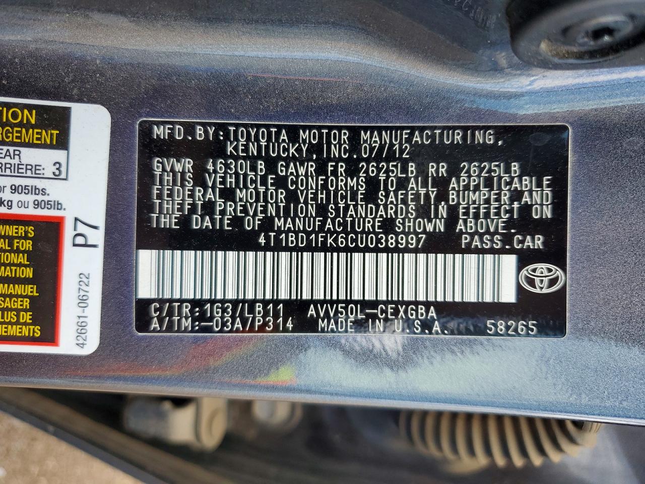 2012 Toyota Camry Hybrid Xle Gray vin: 4T1BD1FK6CU038997