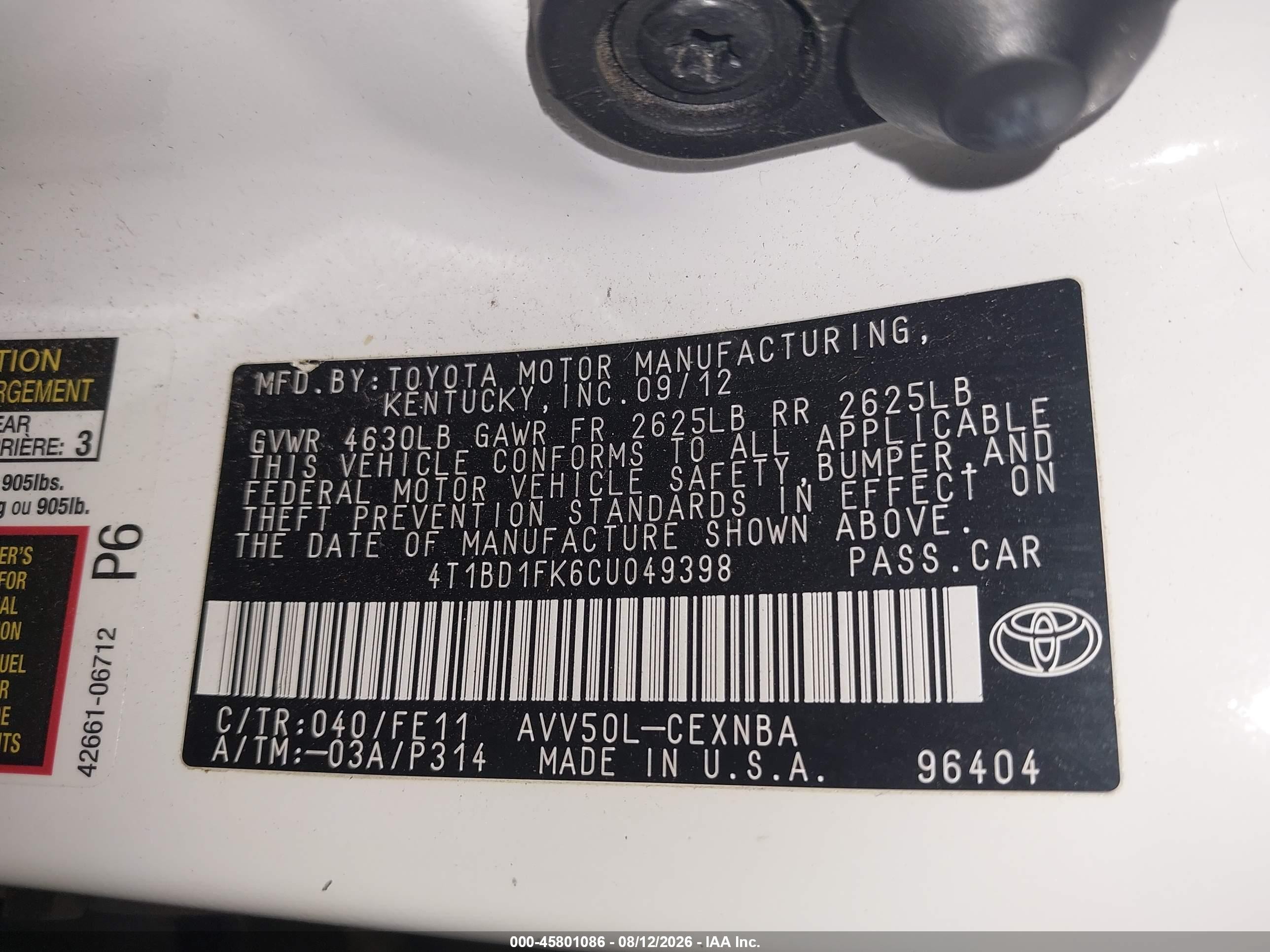 2012 Toyota Camry Hybrid Le White vin: 4T1BD1FK6CU049398