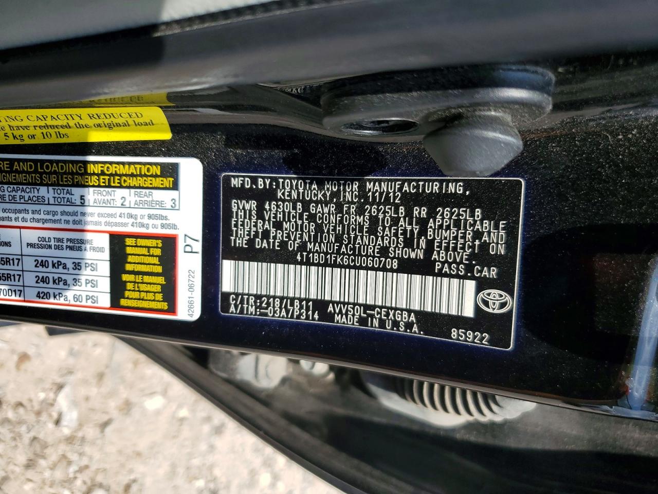 2012 Toyota Camry Hybrid Xle Black vin: 4T1BD1FK6CU060708