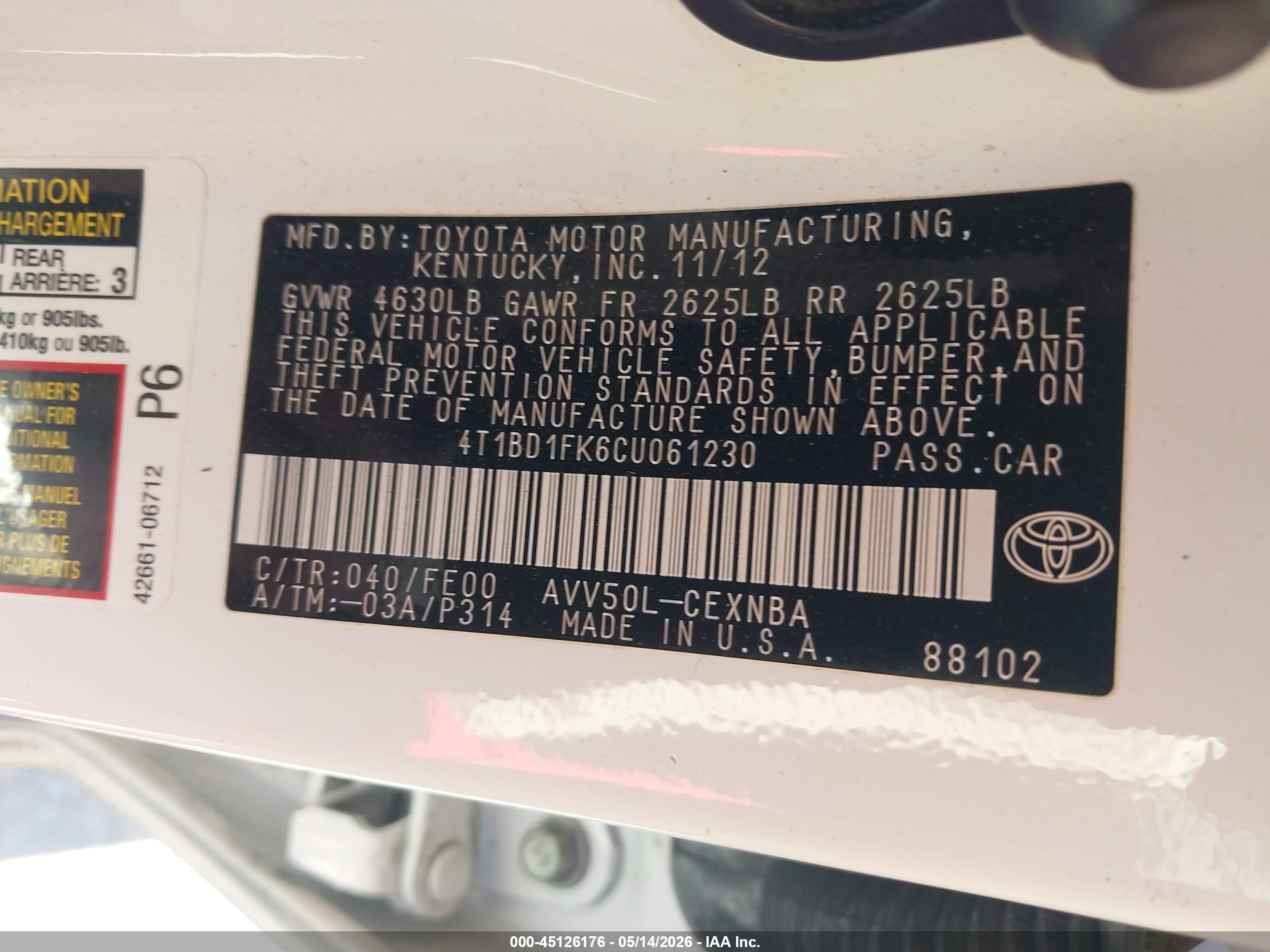 2012 Toyota Camry Hybrid Le White vin: 4T1BD1FK6CU061230