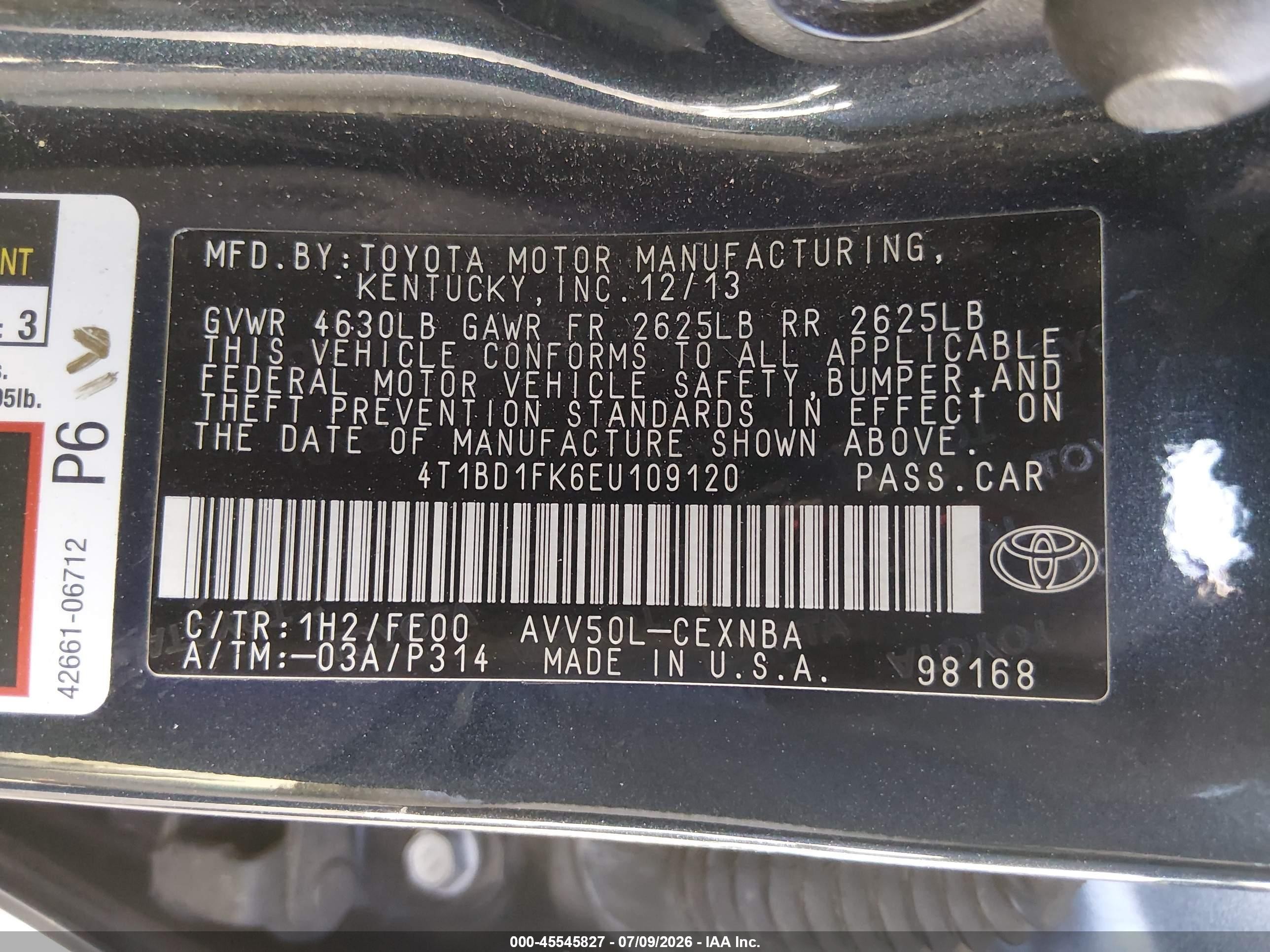 2014 Toyota Camry Hybrid Le Gray vin: 4T1BD1FK6EU109120