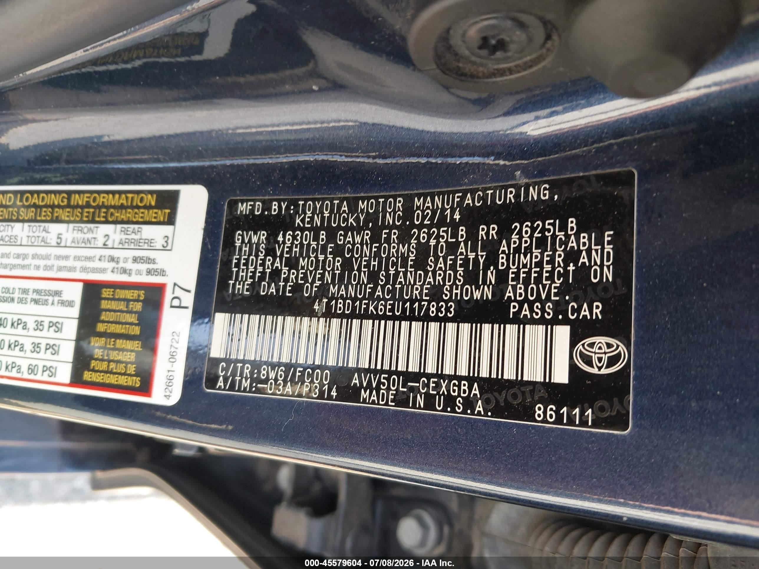 2014 Toyota Camry Hybrid Xle Blue vin: 4T1BD1FK6EU117833