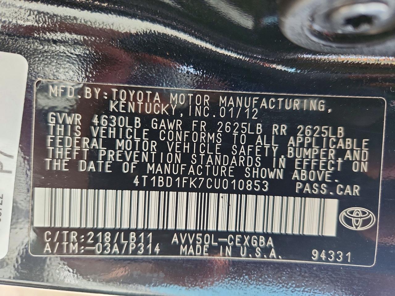 2012 Toyota Camry Hybrid Xle Черный vin: 4T1BD1FK7CU010853