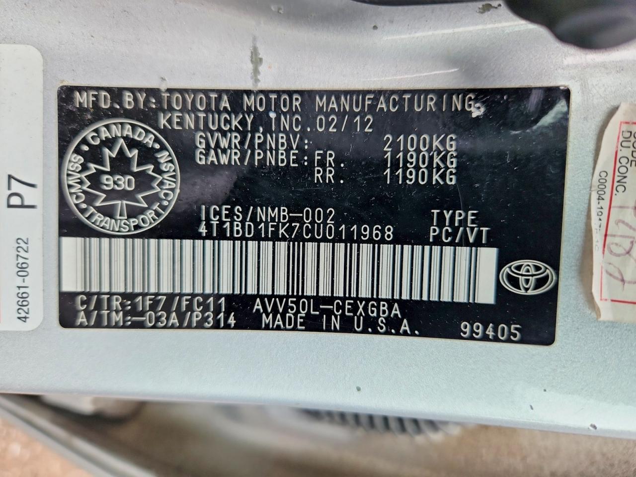 2012 Toyota Camry Hybrid Le Silver vin: 4T1BD1FK7CU011968