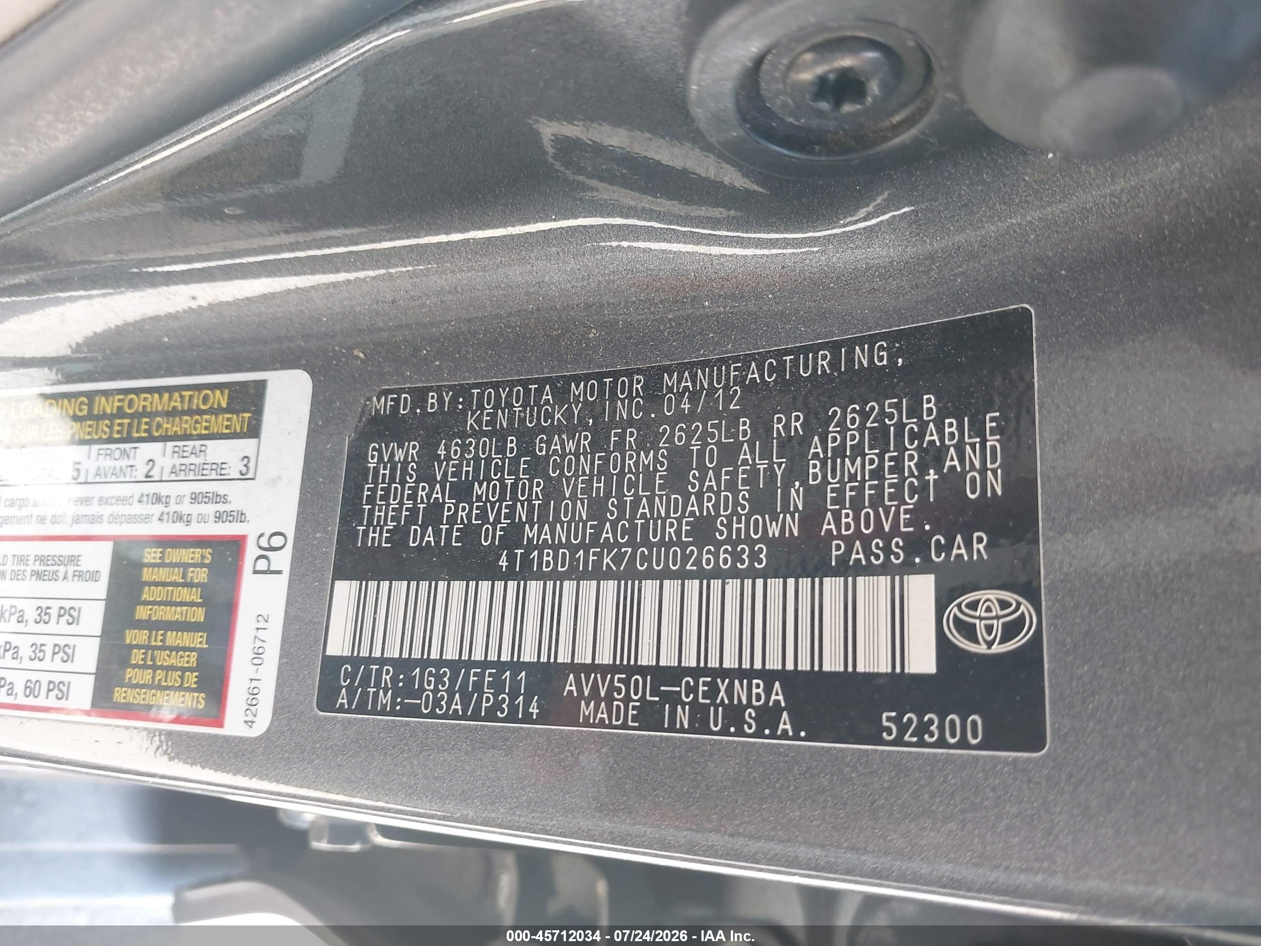 2012 Toyota Camry Hybrid Le Серый vin: 4T1BD1FK7CU026633