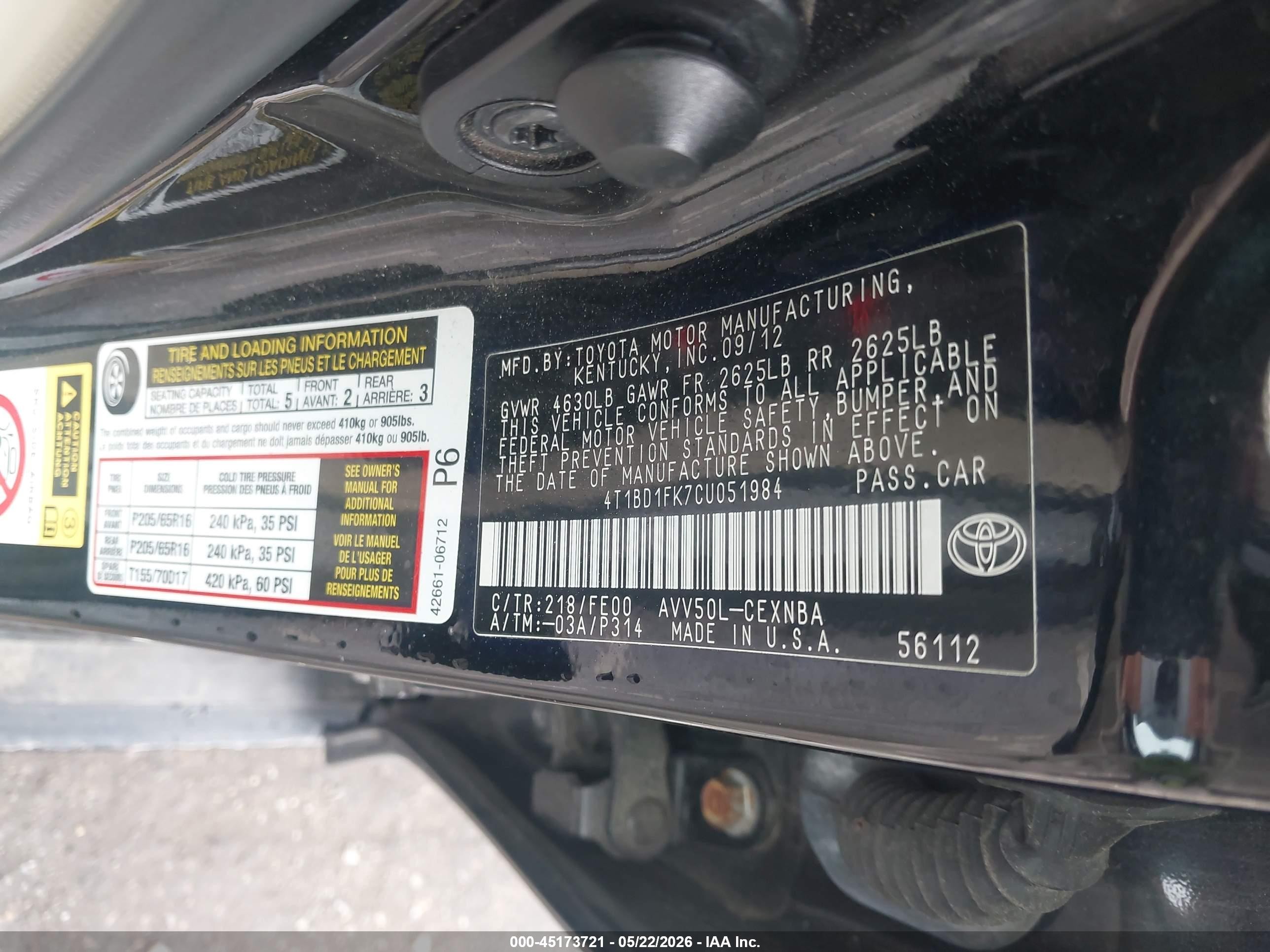 2012 Toyota Camry Hybrid Le Black vin: 4T1BD1FK7CU051984